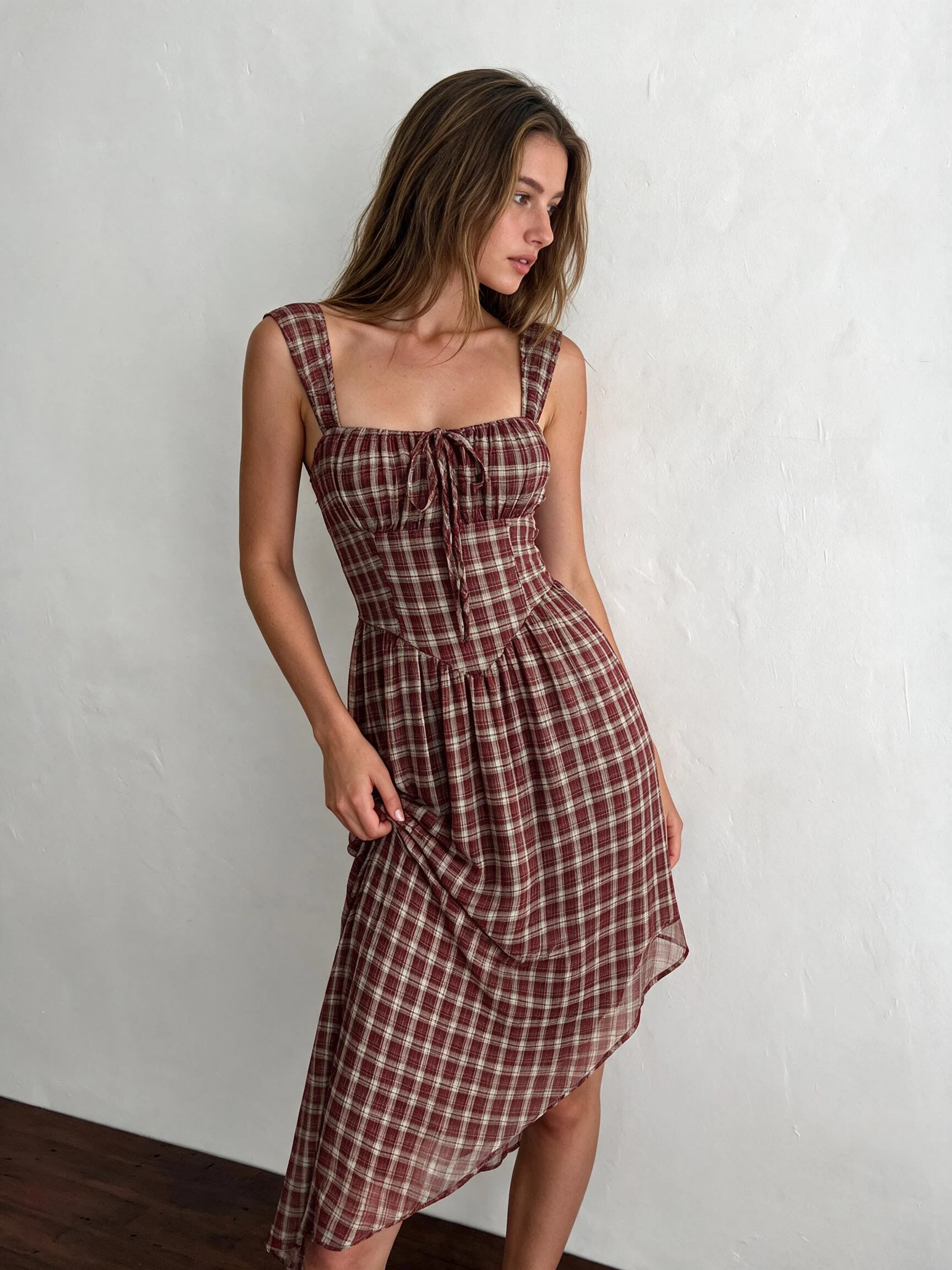 Chiffon Plaid Square Neck Tie Front Asymmetrical A-line Midi Dress