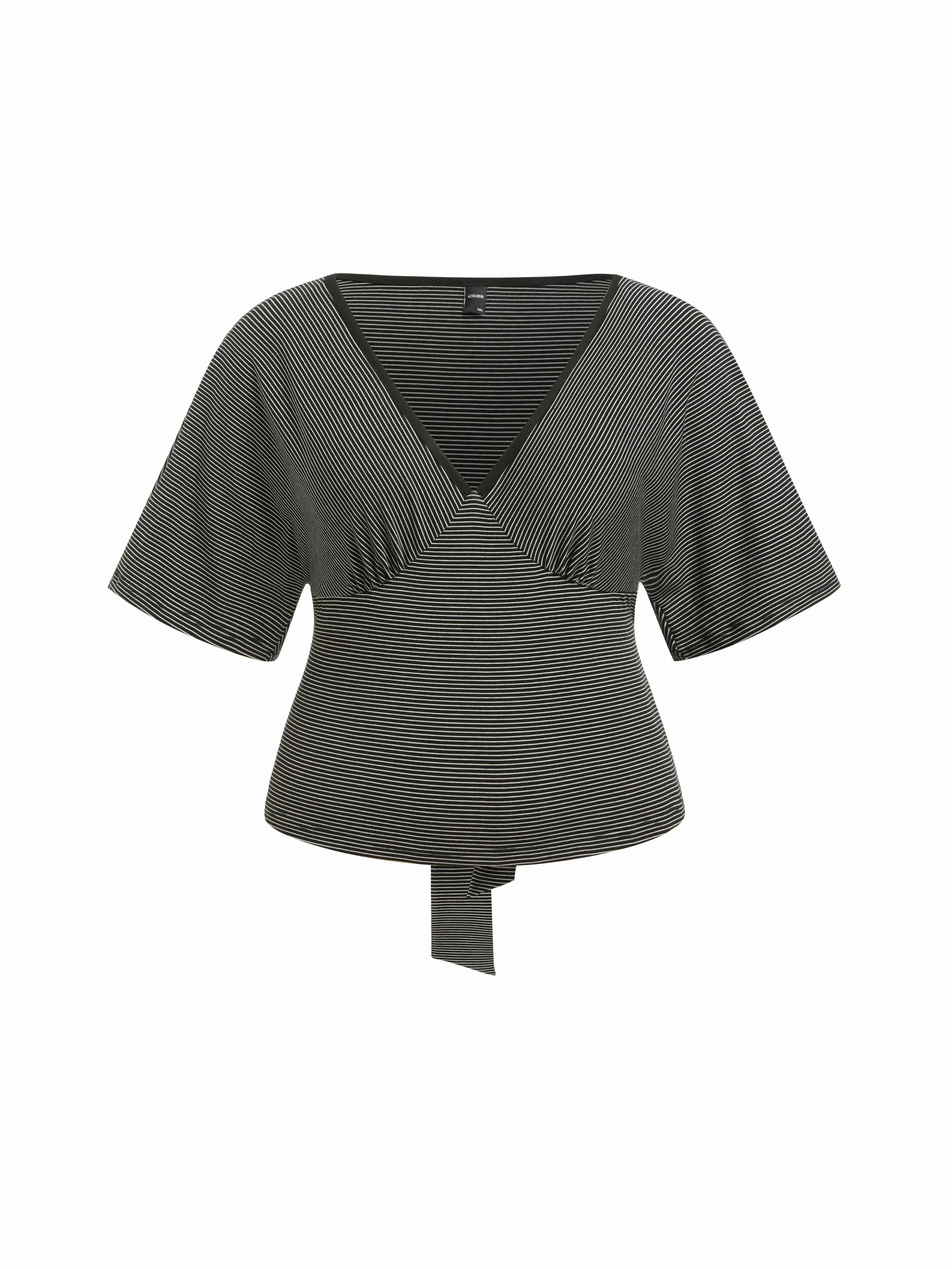 Knit Fabric V-neck Stripes Short Sleeve Jersey Tops Curve & Plus