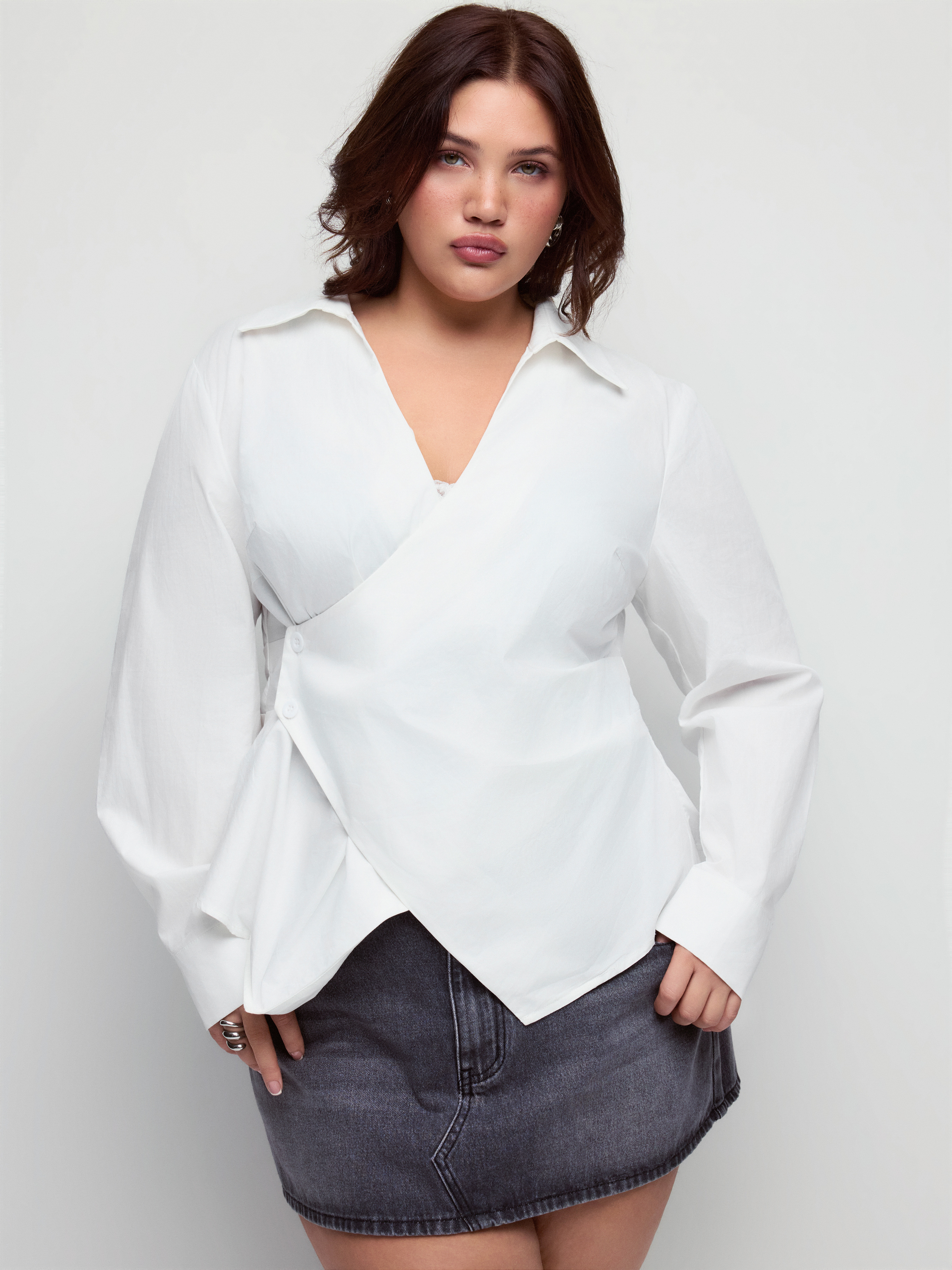 Cotton-blend V-Neck Wrap Long Sleeve Blouse Curve & Plus