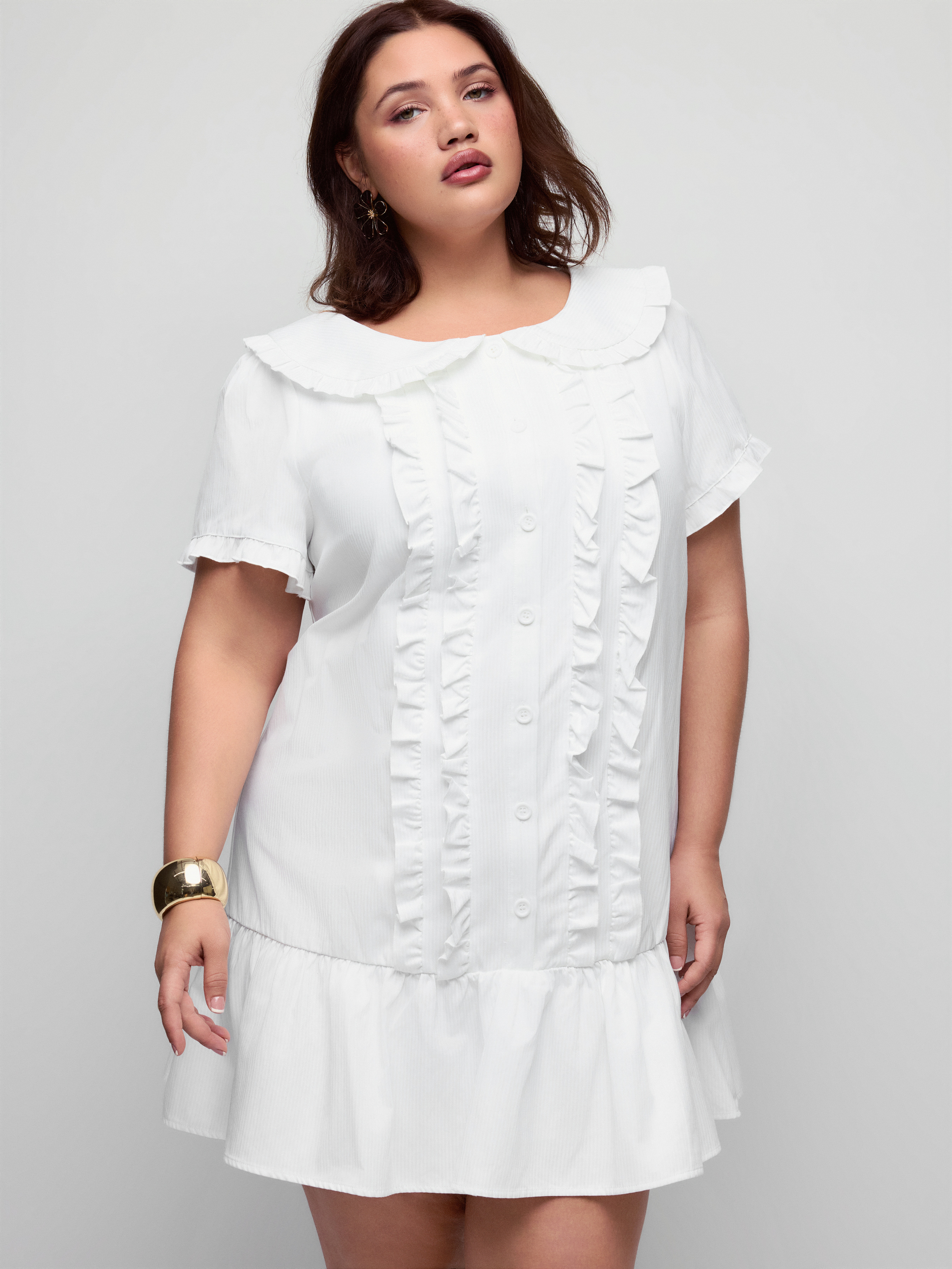 Peter Pan Collar Ruffle Button-Up Mini Dress Curve & Plus