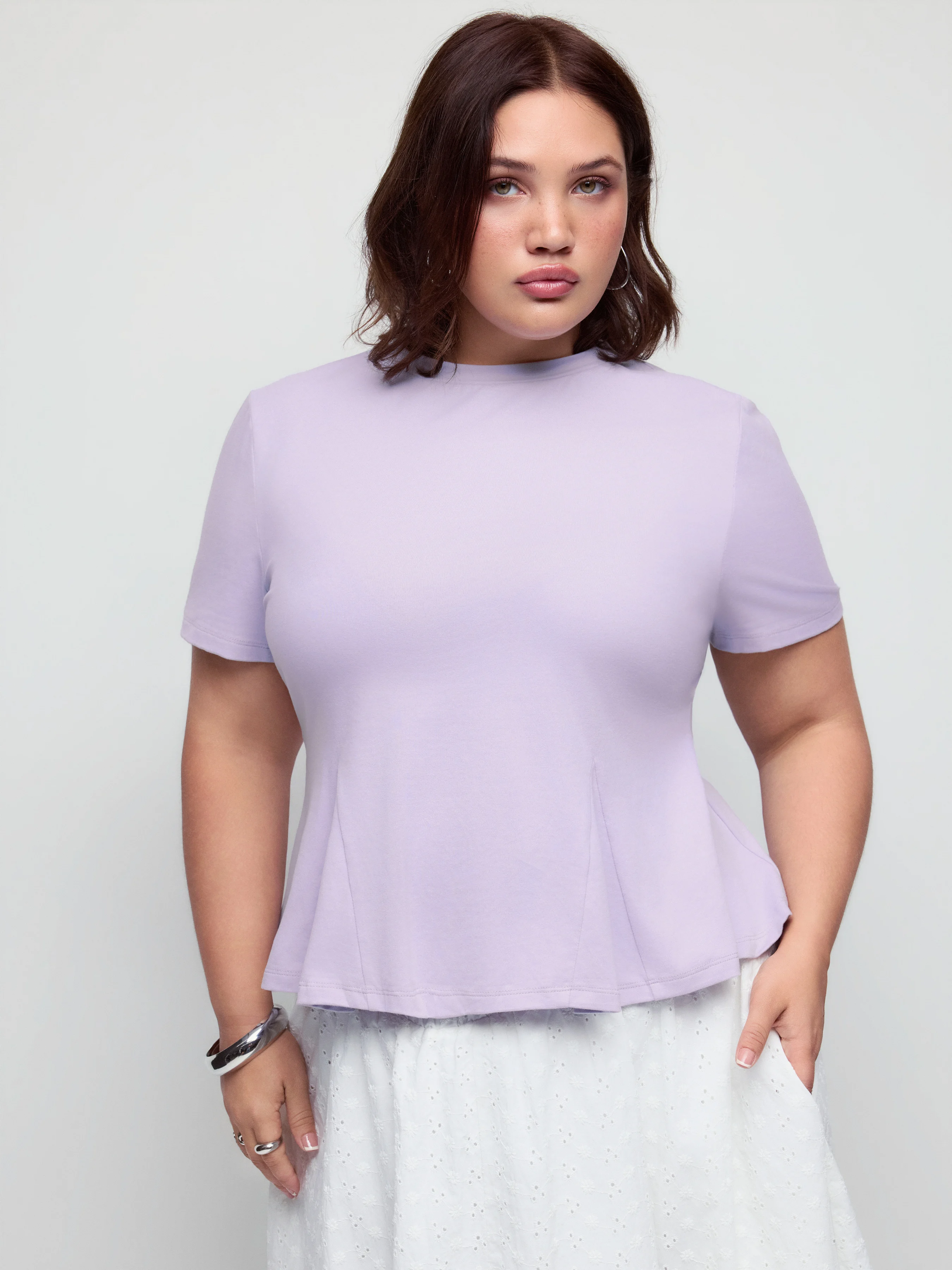 High Stretch Cotton-blend Peplum Hem Short Sleeve Tee Curve & Plus