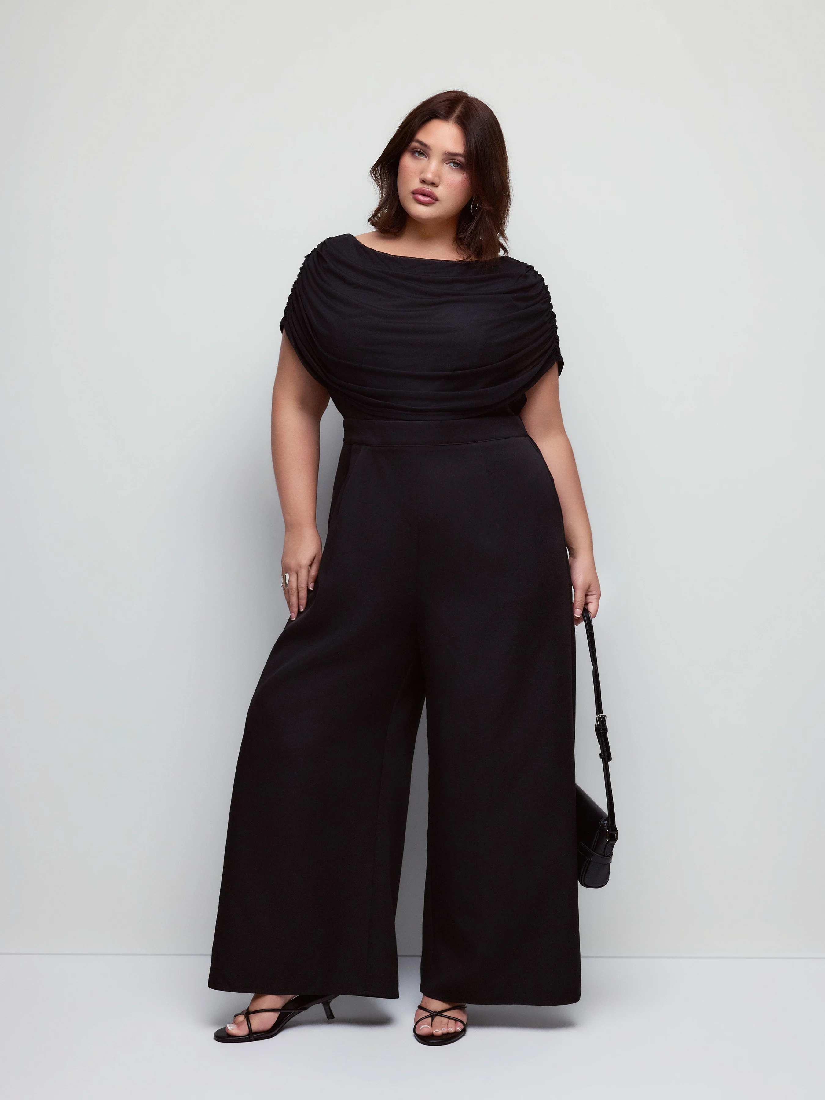 Mesh Off-shoulder Ruched Mid Rise Wide Leg Jumpsuit Curve & Plus