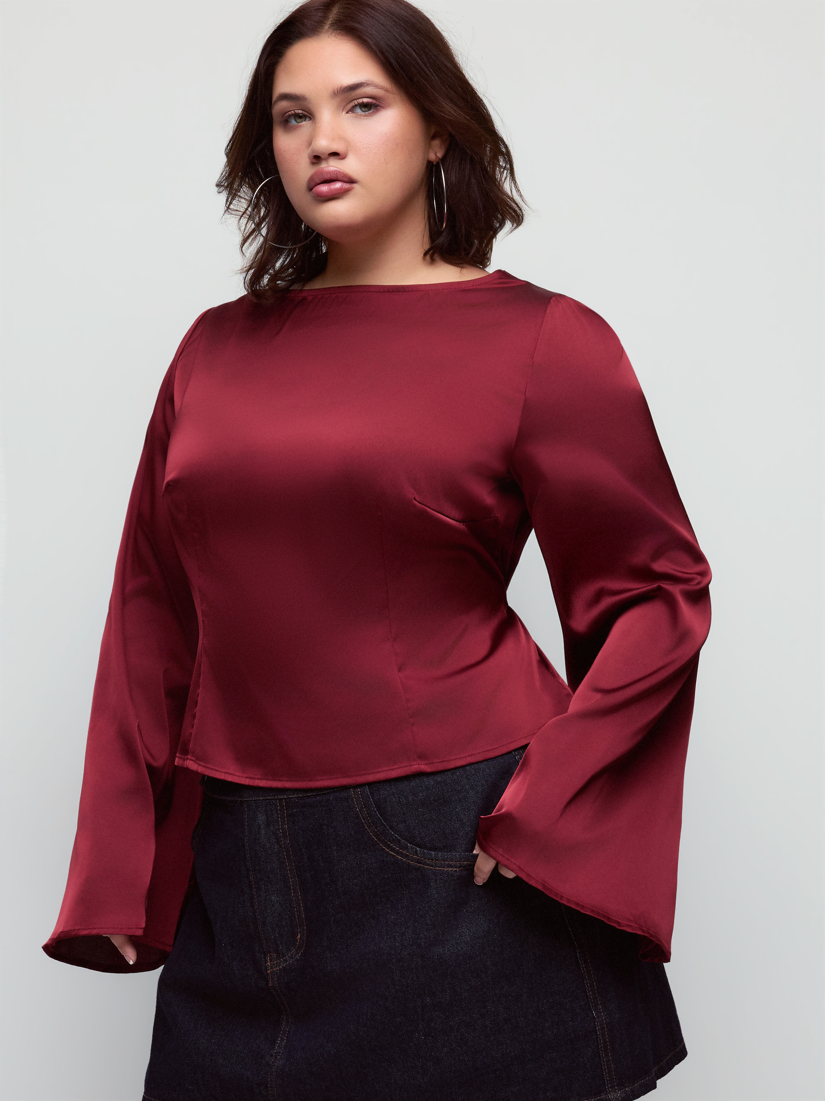 Satin Boat Neck Bell Sleeve Blouse Curve & Plus