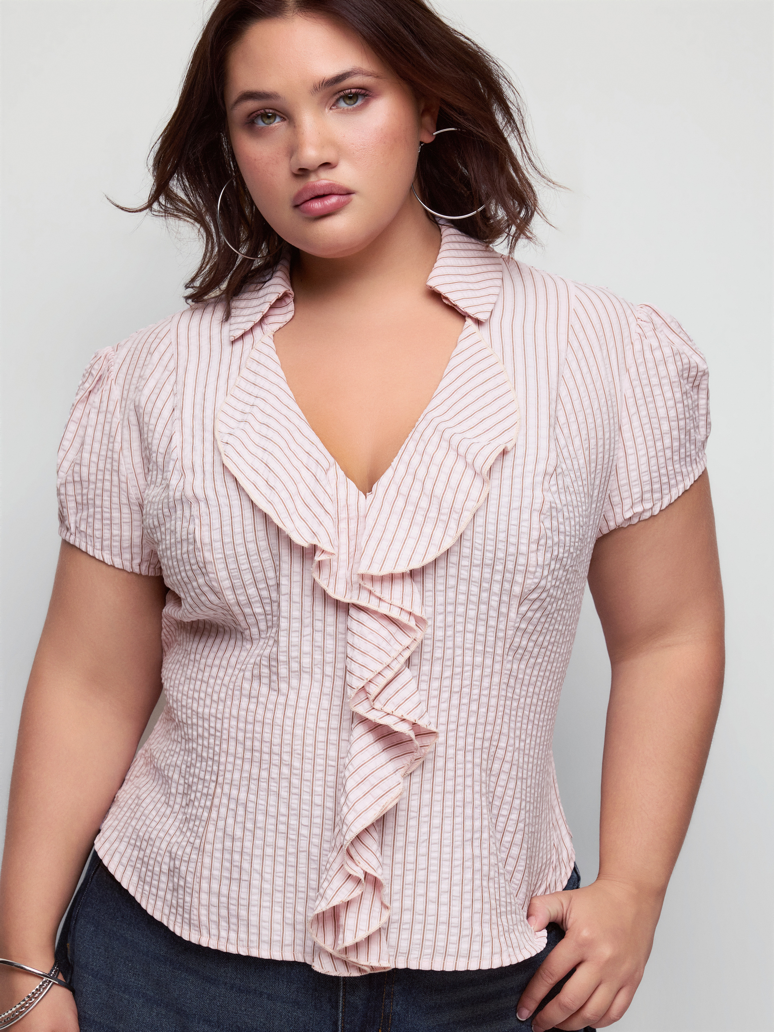Cotton-blend Striped Ruffled Short Sleeve Blouse Curve & Plus