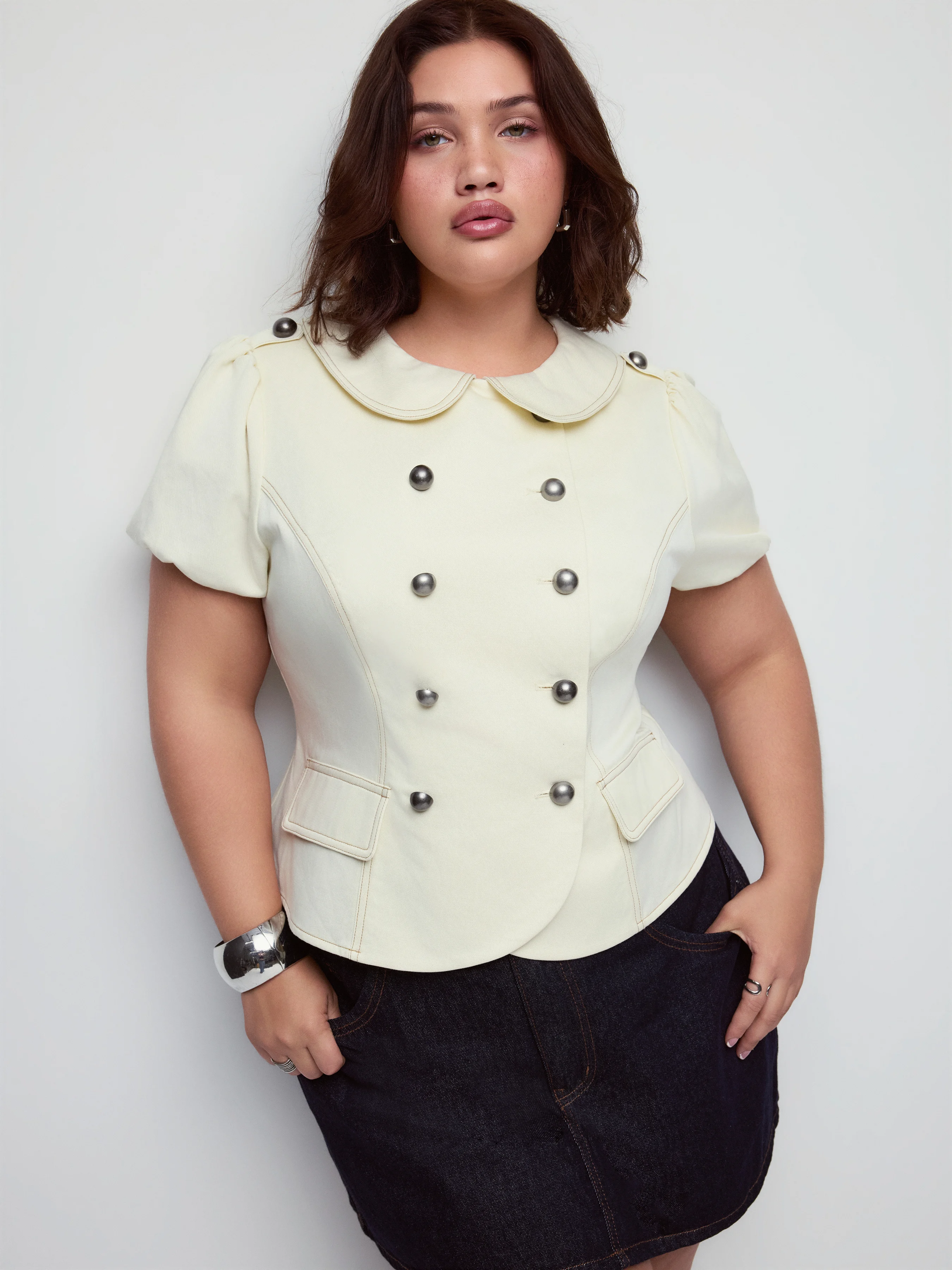 Cotton-blend Peter Pan Collar Contrast Stitching Puff Sleeve Blouse Curve & Plus