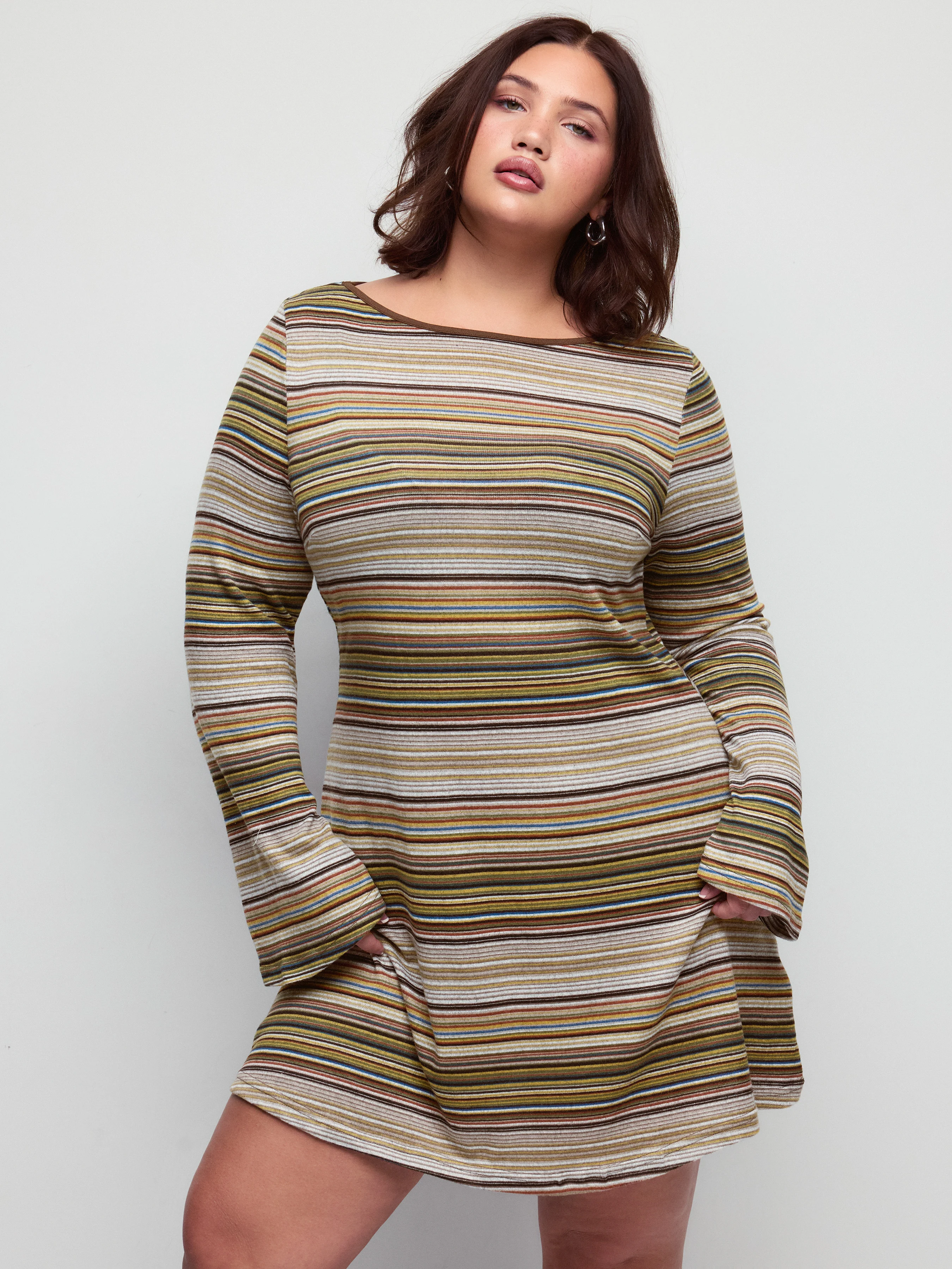 Jersey Boat Neck Striped Bell Sleeve Flared Mini Dress Curve & Plus