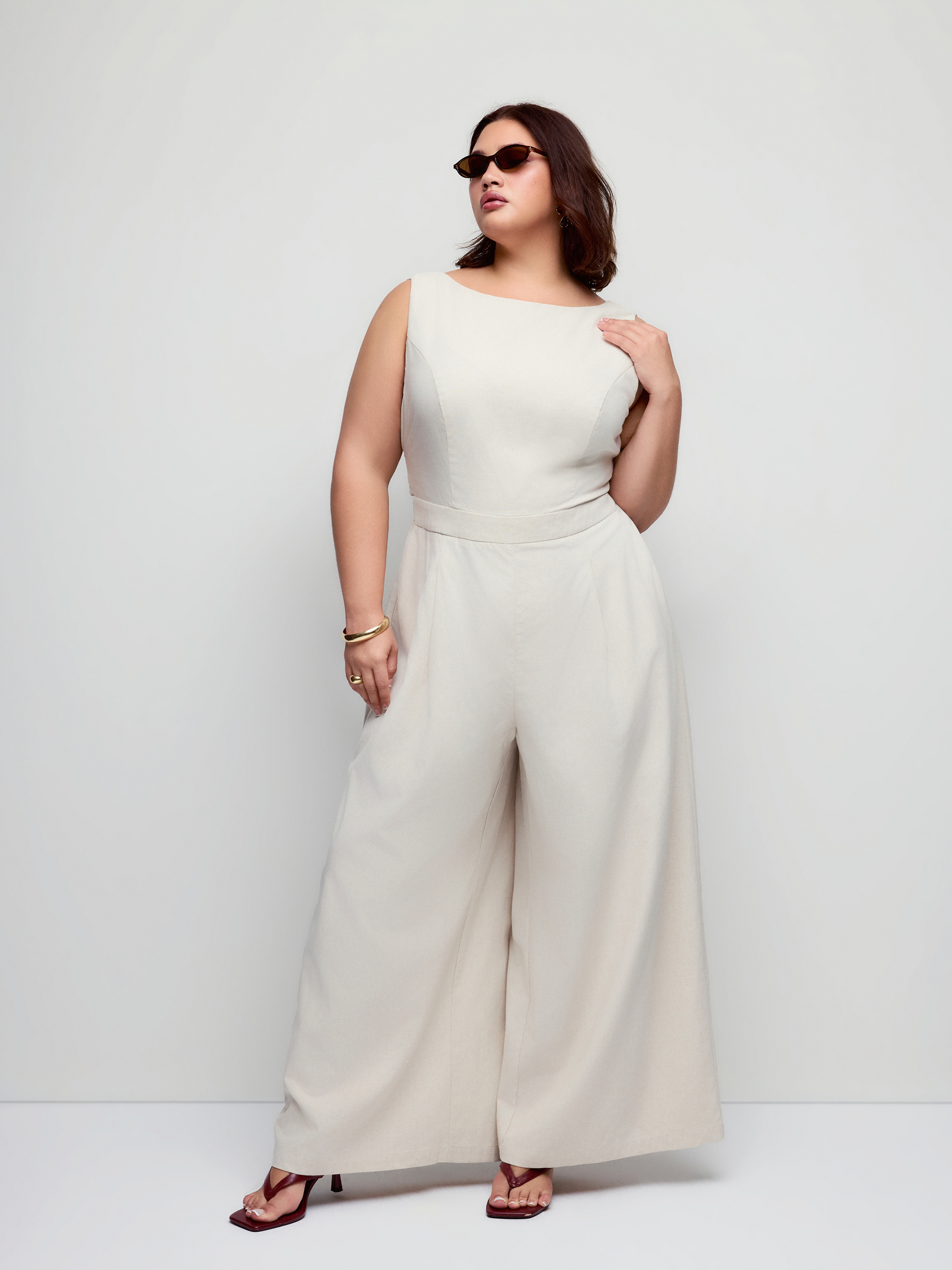 Linen-blend Boat Neck Backless Pleated Oversized Wide Leg Jumpsuit Curve & Plus