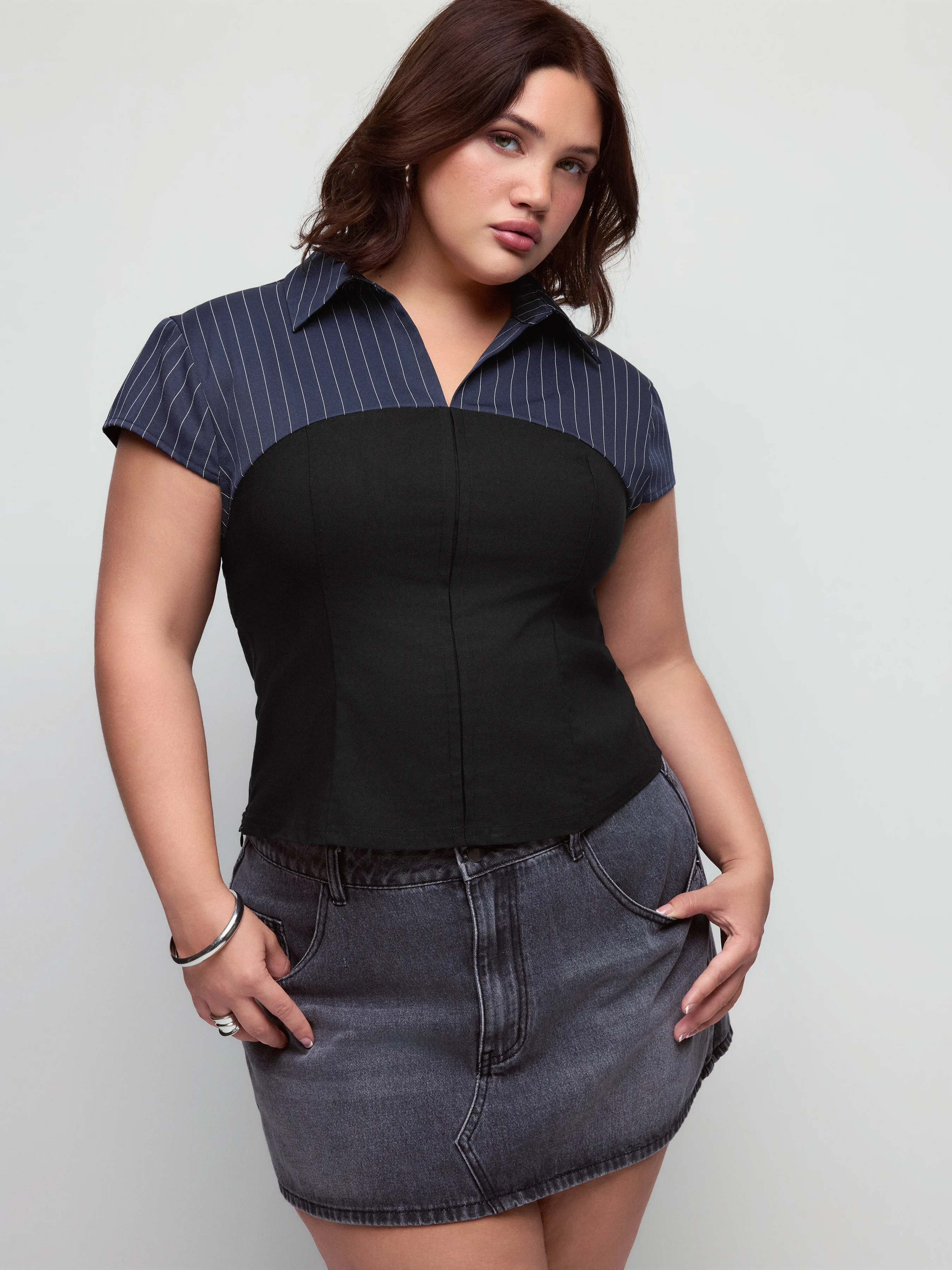 Striped Colorblock Short Sleeve Blouse Curve & Plus