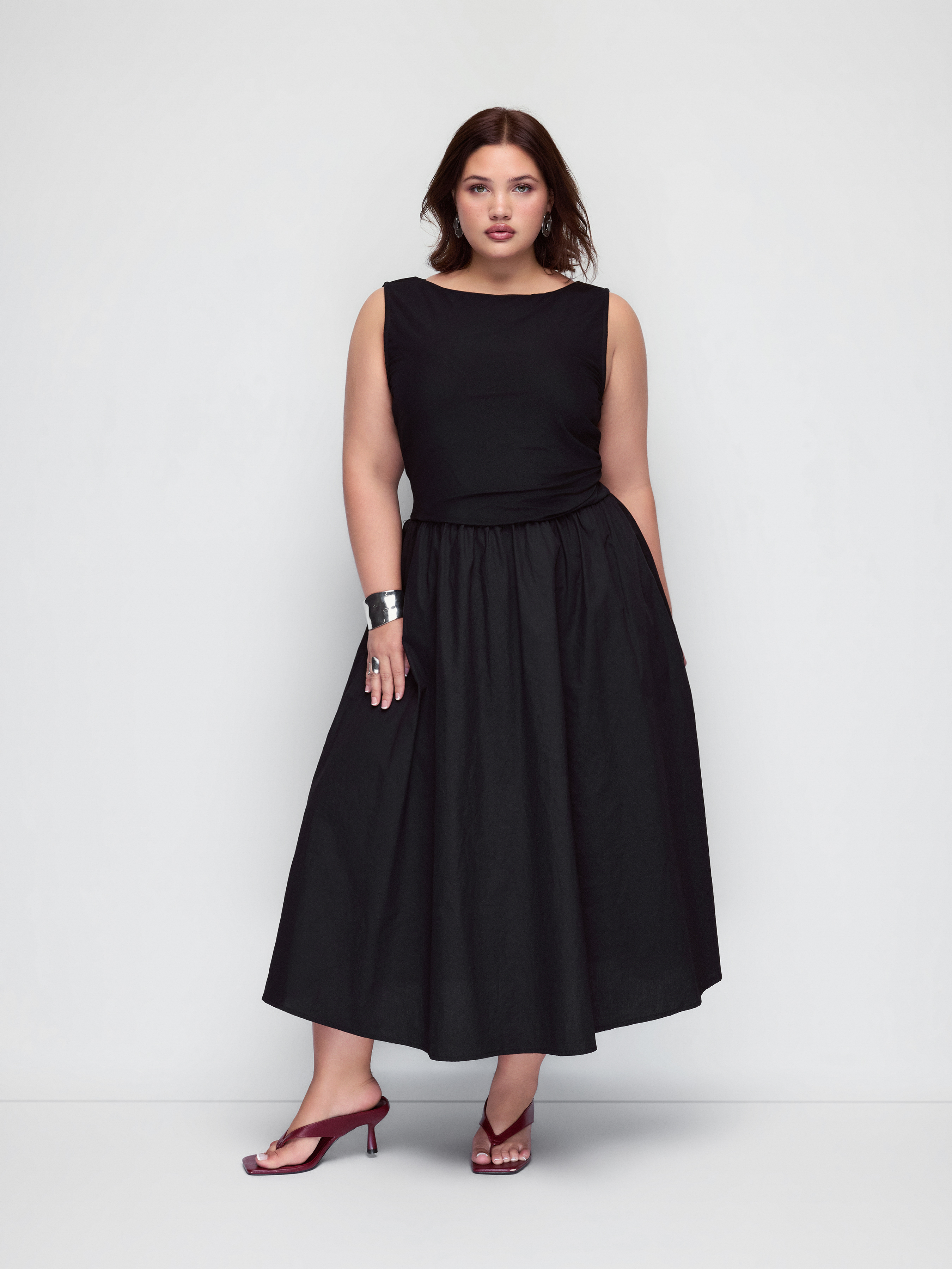 Cotton Boat Neck Ruched Low Rise A-line Maxi Dress Curve & Plus