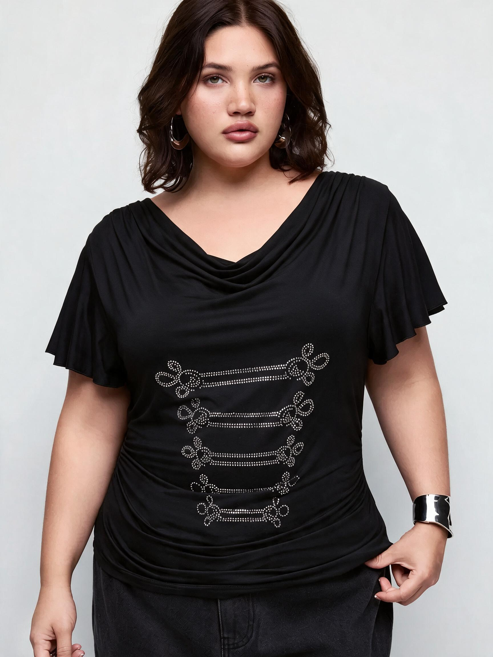 Rhinestone Graphic Cowl Neck Ruffle Sleeve Ruched Top Curve & Plus