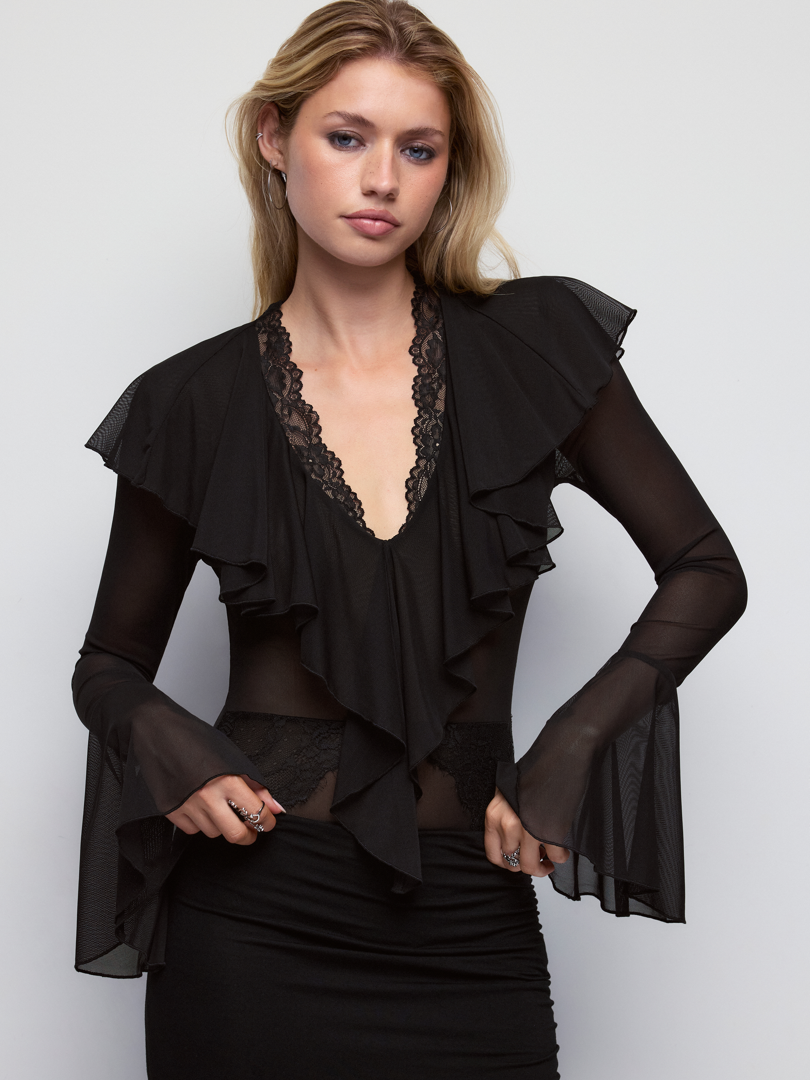 Mesh V-neck Bell Sleeve Ruffle Lace Trim Bodysuit