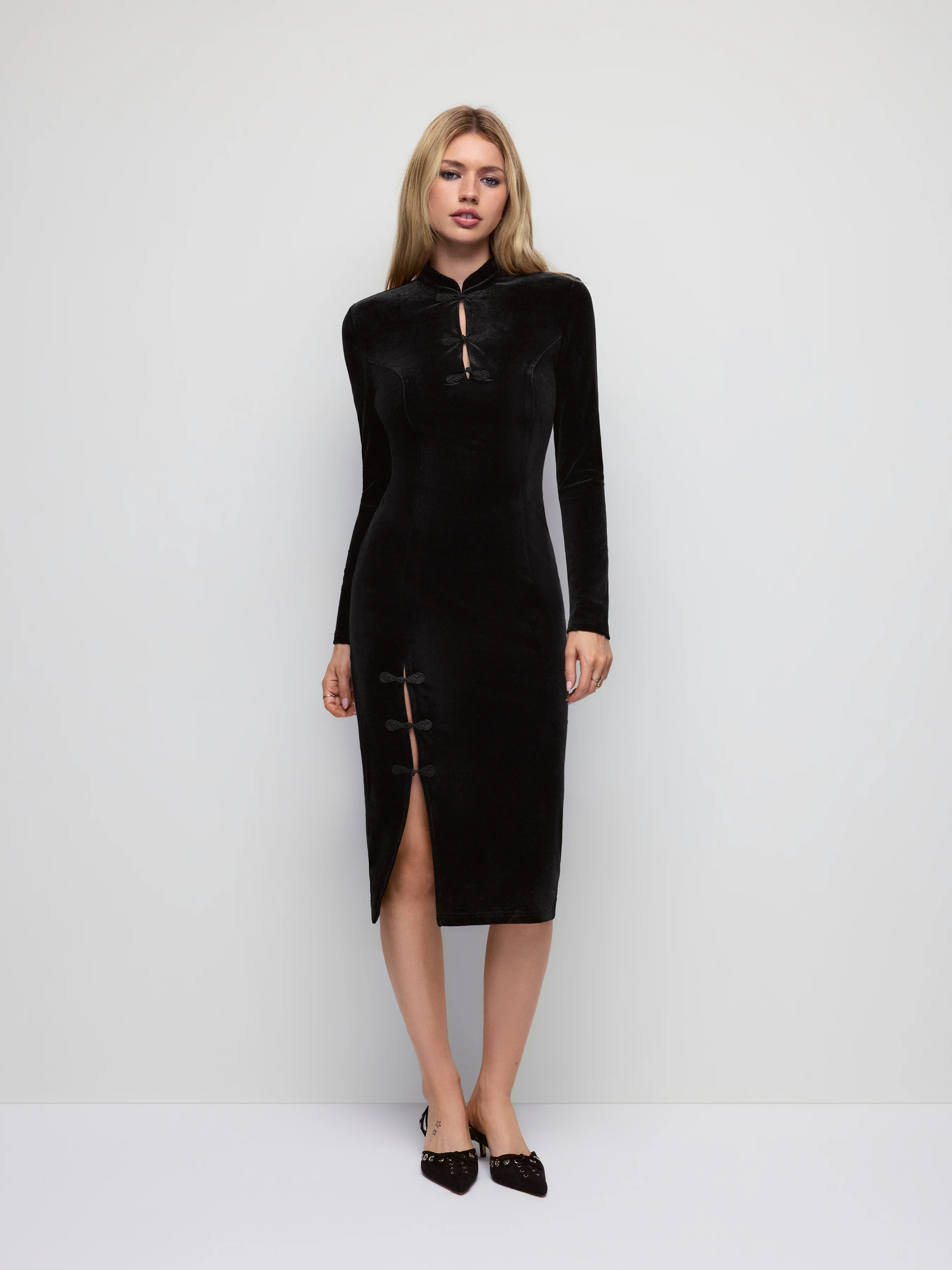 Velvet Stand Collar Long Sleeve Split Slim Midi Dress