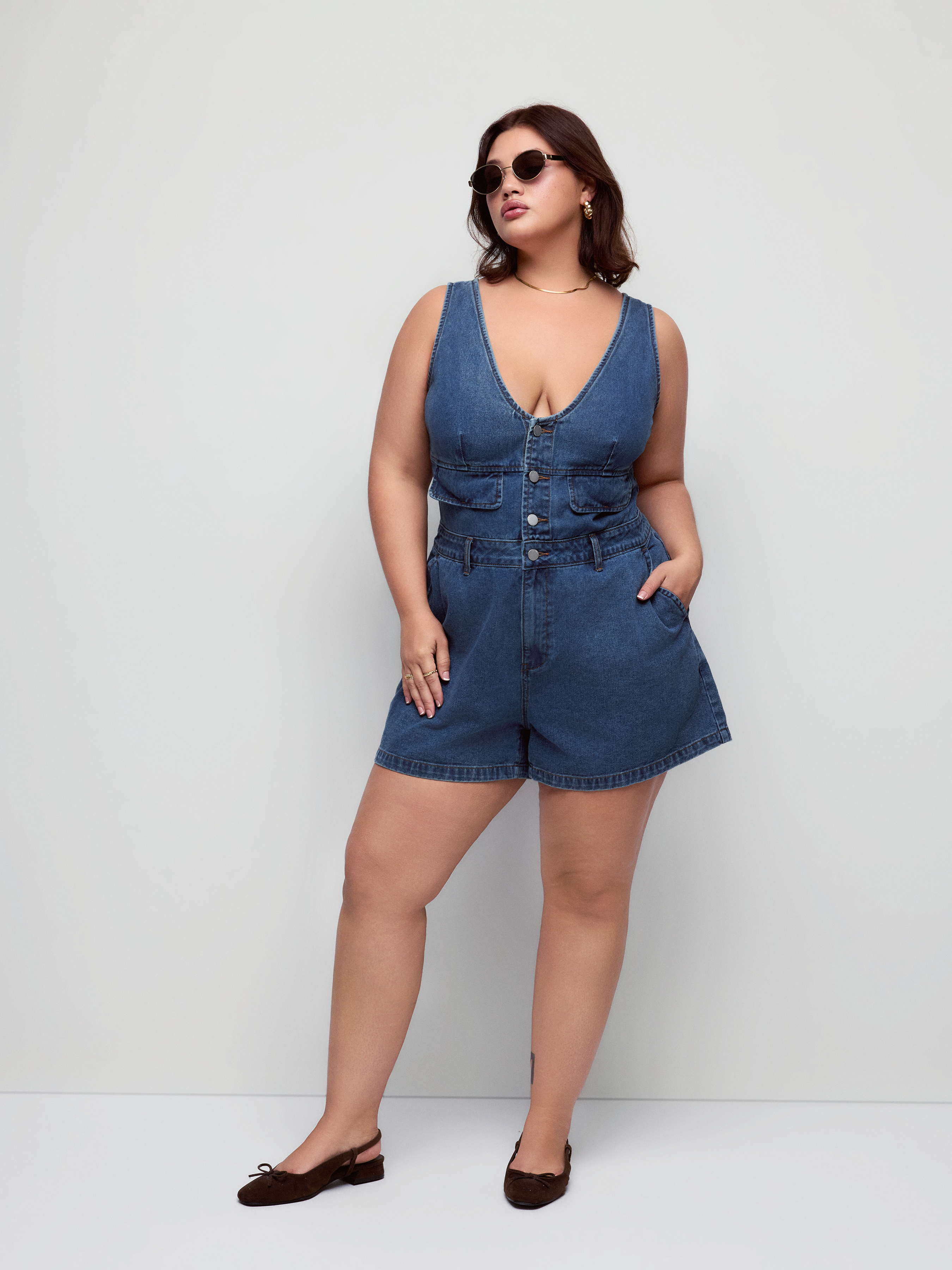 Denim Mid Rise V-neck Metal Detail Tie Back Romper Curve & Plus