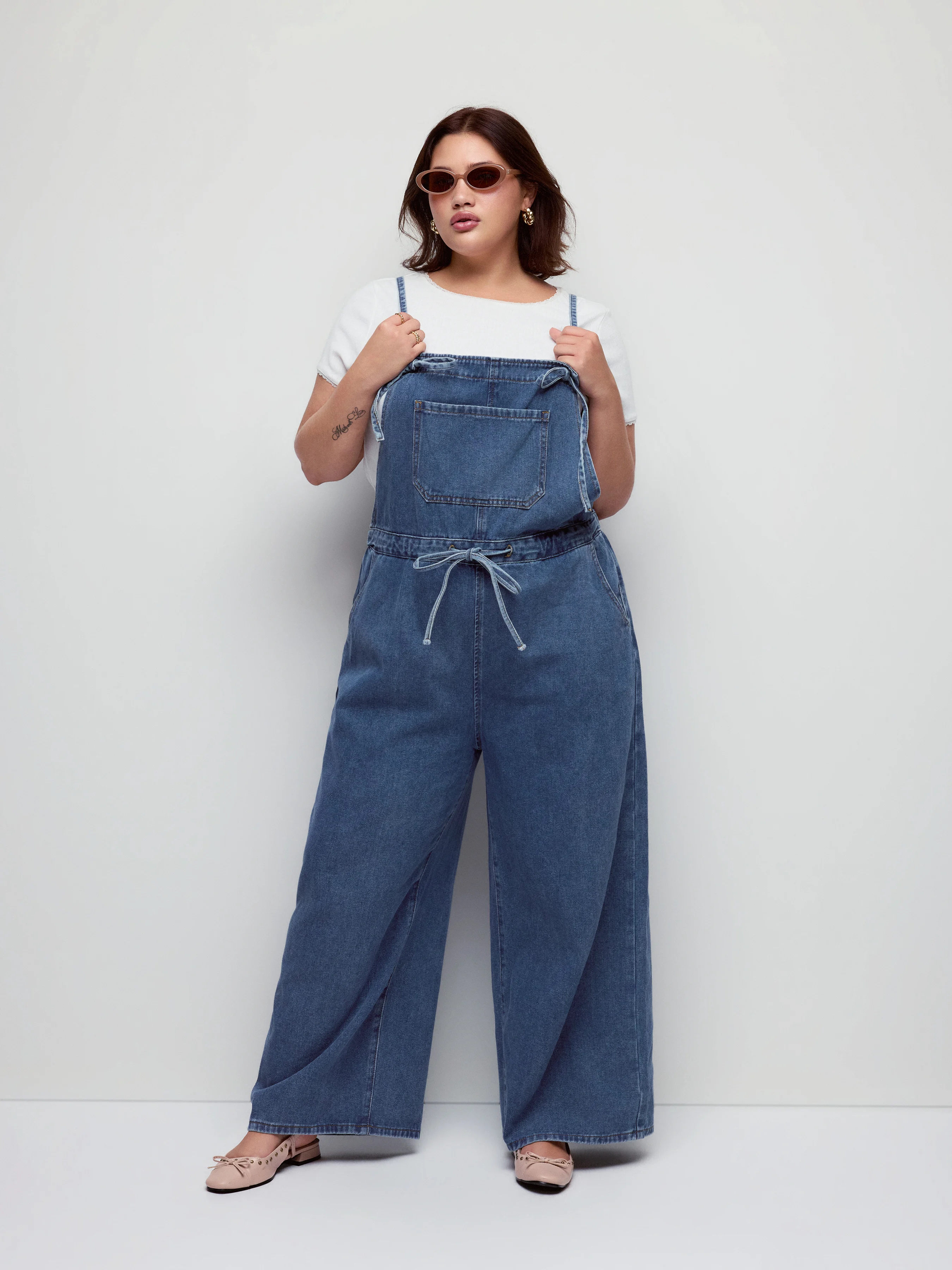 Denim Washed Square Neck Bowknot Belted Wide Leg Jumpsuit Curve & Plus