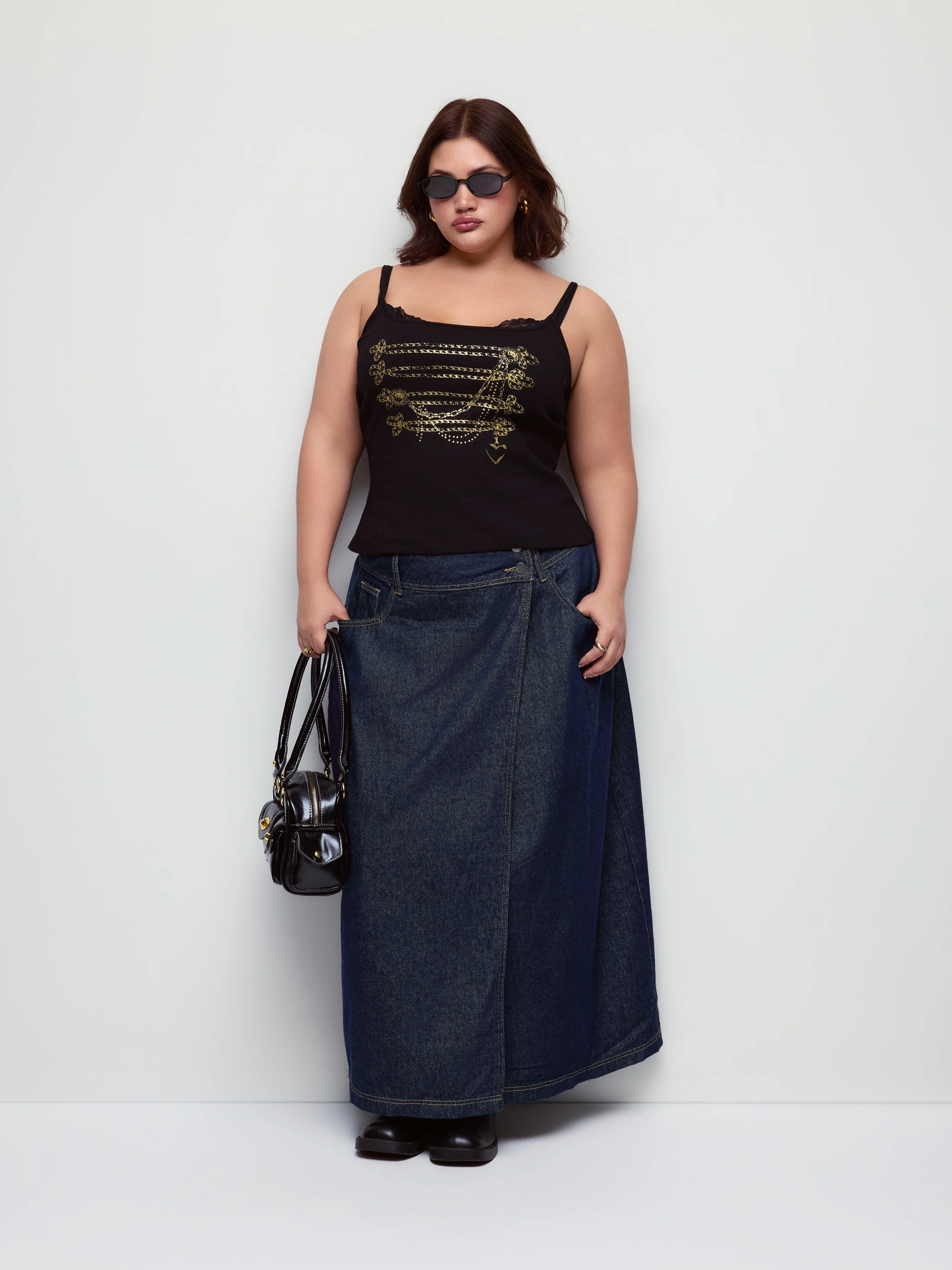 Denim Mid Rise Metal Detail Bodycon Maxi Skirt Curve & Plus