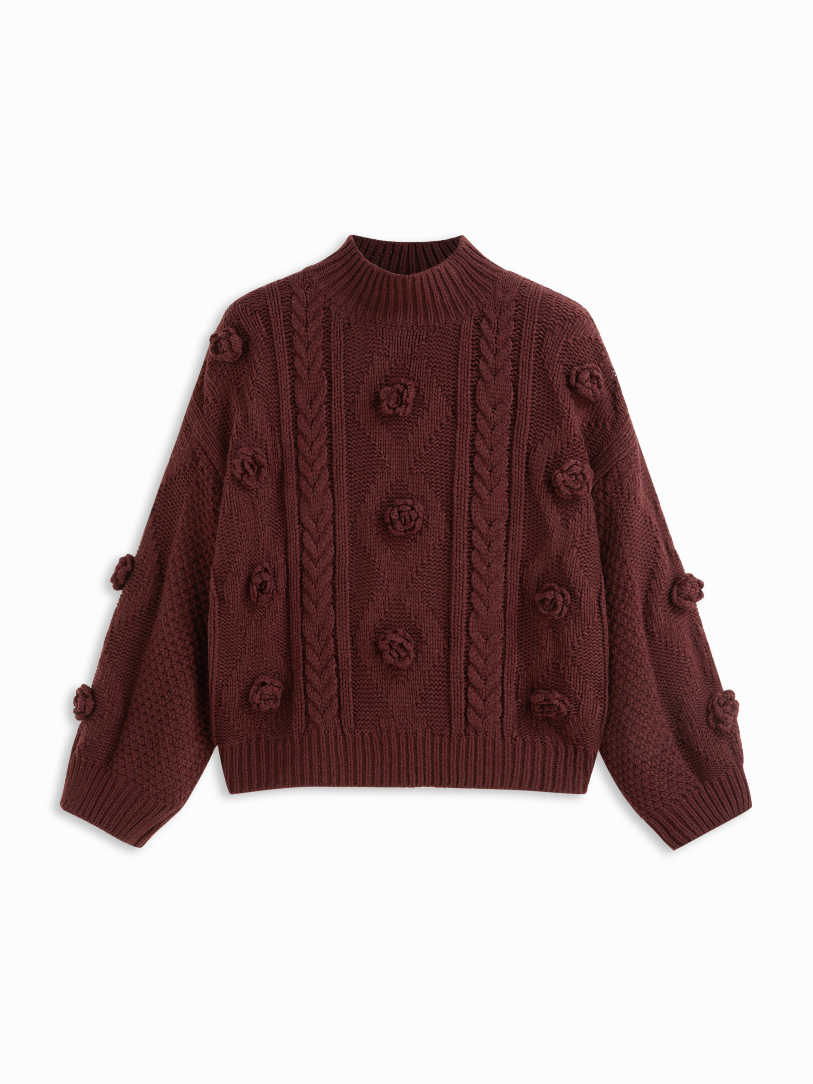 Cable Knit High Neck Rose Applique Oversized Sweater Curve & Plus