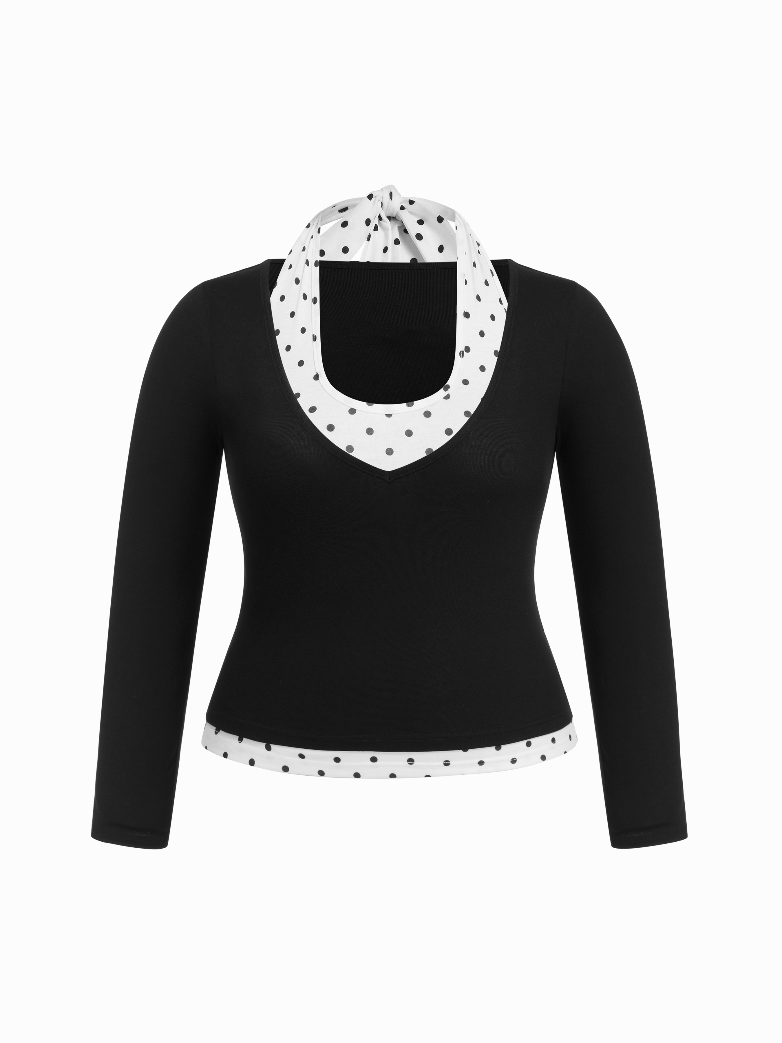 Polka Dot Colorblock Tie Neck Long Sleeve Top Curve & Plus
