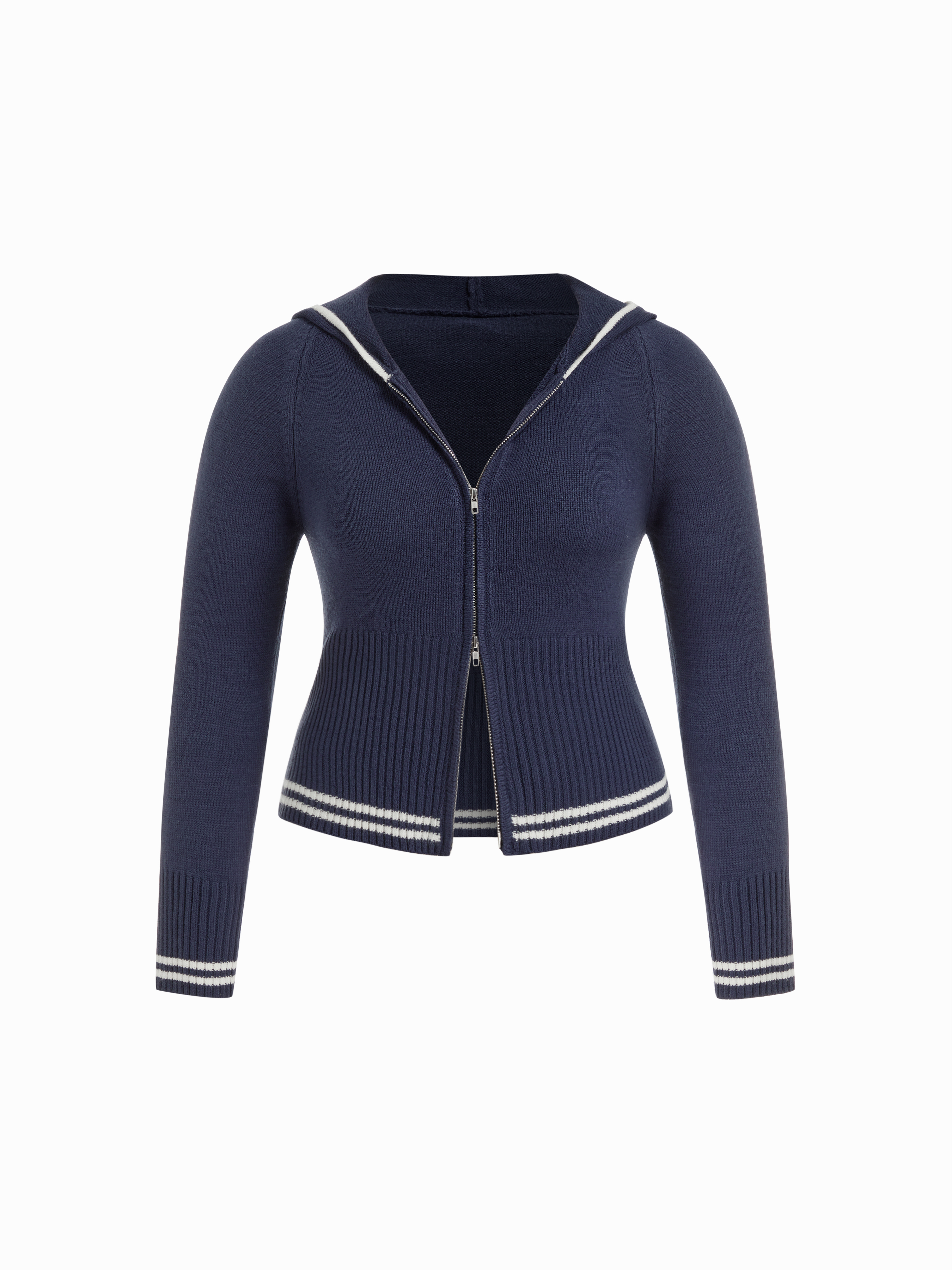 Knit Hooded Long Sleeve Contrasting Binding Zip Through Cardigan Curve & Plus