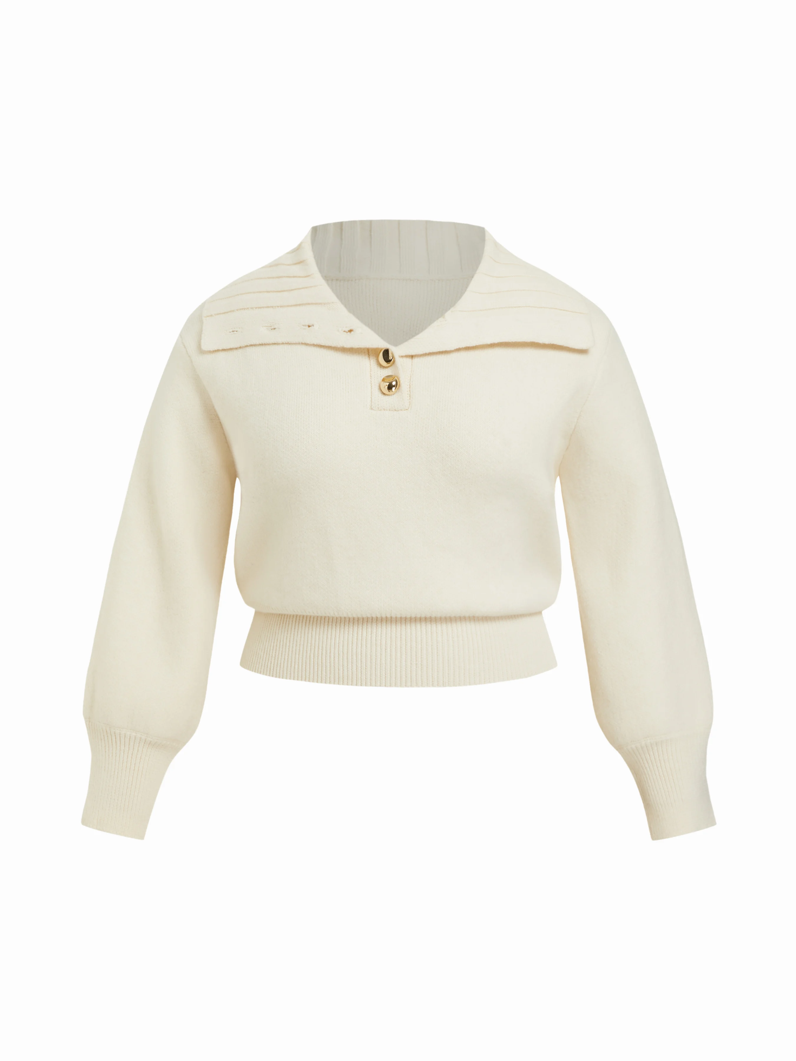 Knit Wool-blend Collar Long Sleeve Metal Button Cinched Waist Top Curve & Plus