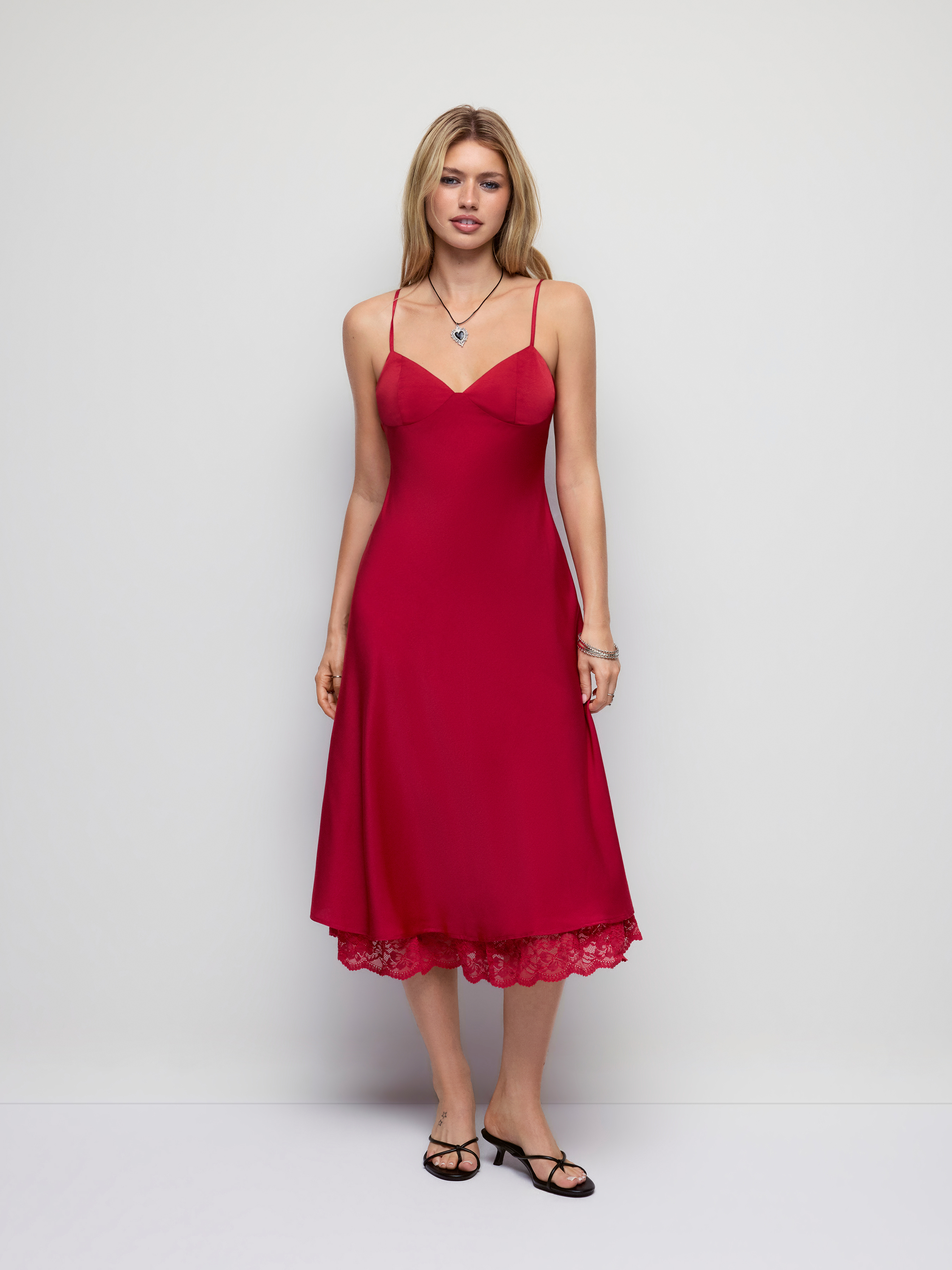 Satin V-neck Lace Trim A-line Midi Dress