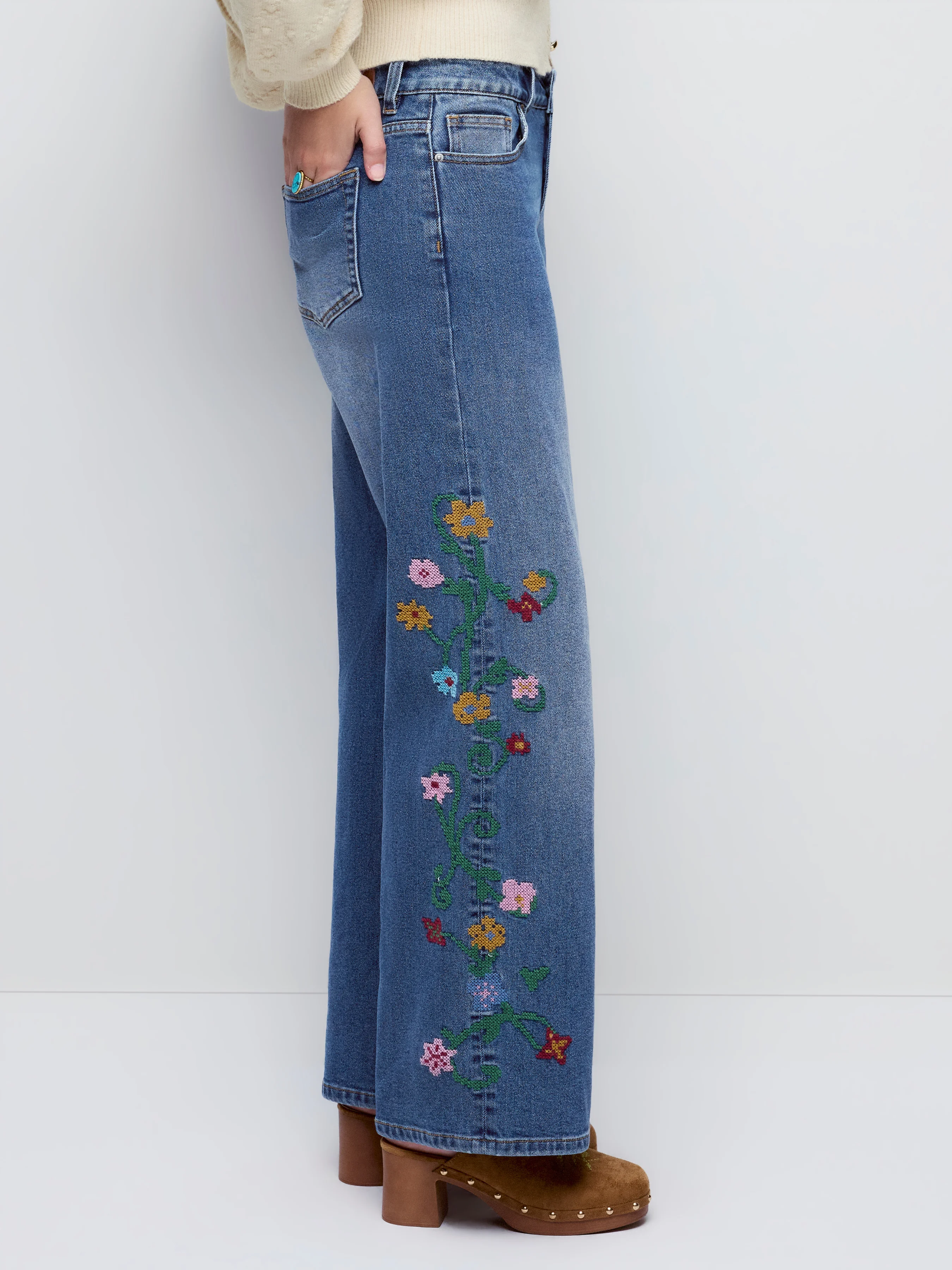 Denim High Rise Floral Embroidery Metal Detail Wide Leg Jeans