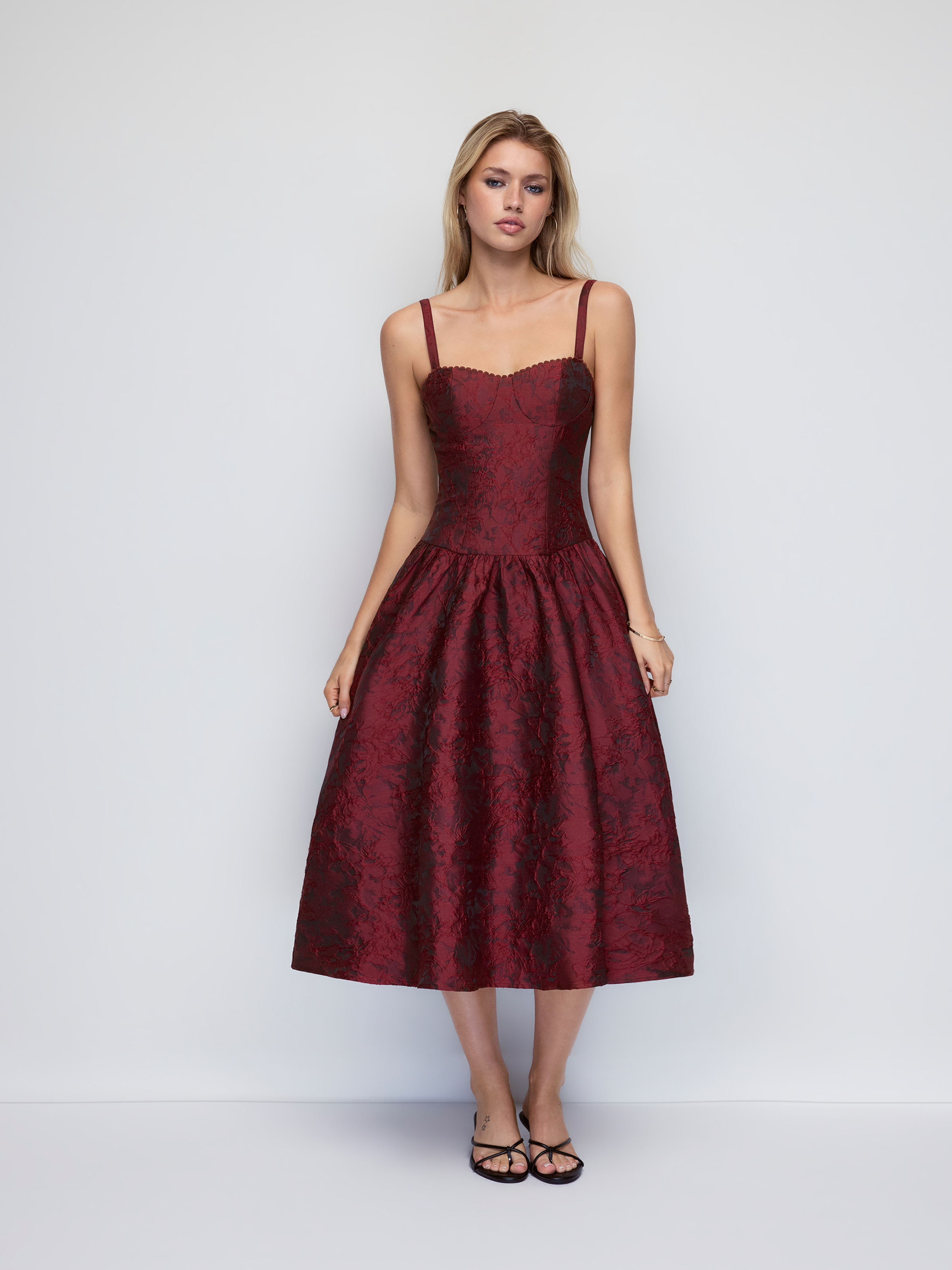 Jacquard Floral Scoop Neck Scalloped Trim Lace Up Flared Midi Dress