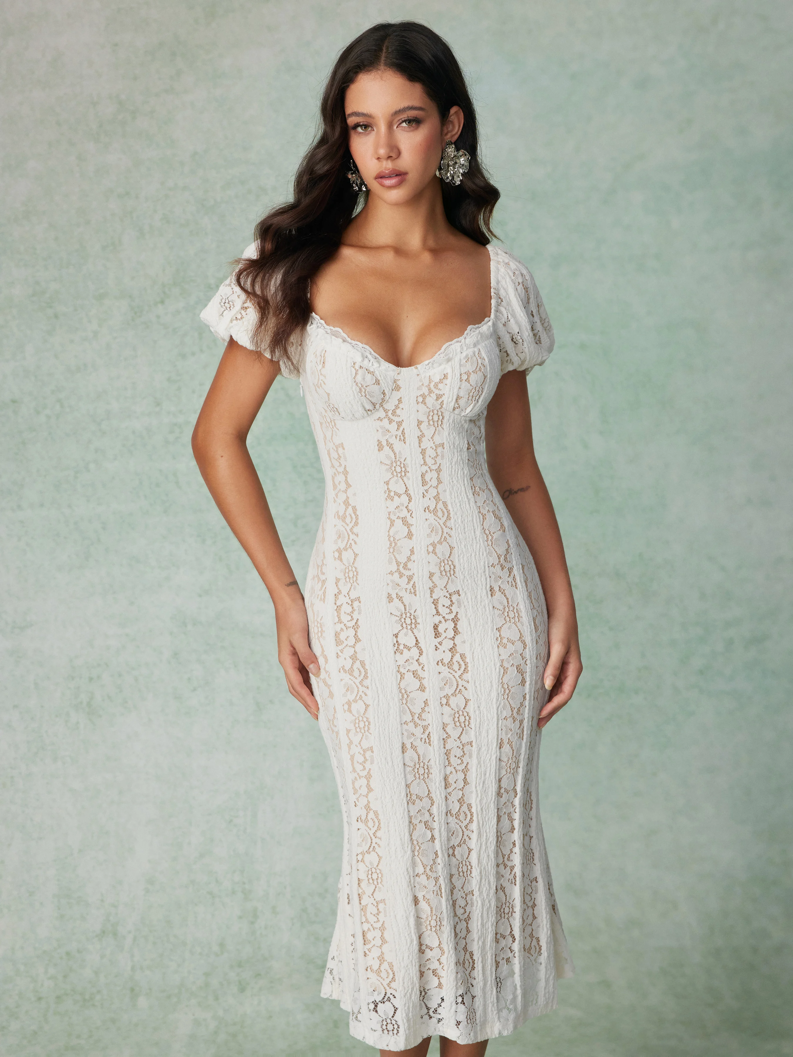 Lace Jacquard Sweetheart Puff Sleeve Mermaid Maxi Dress