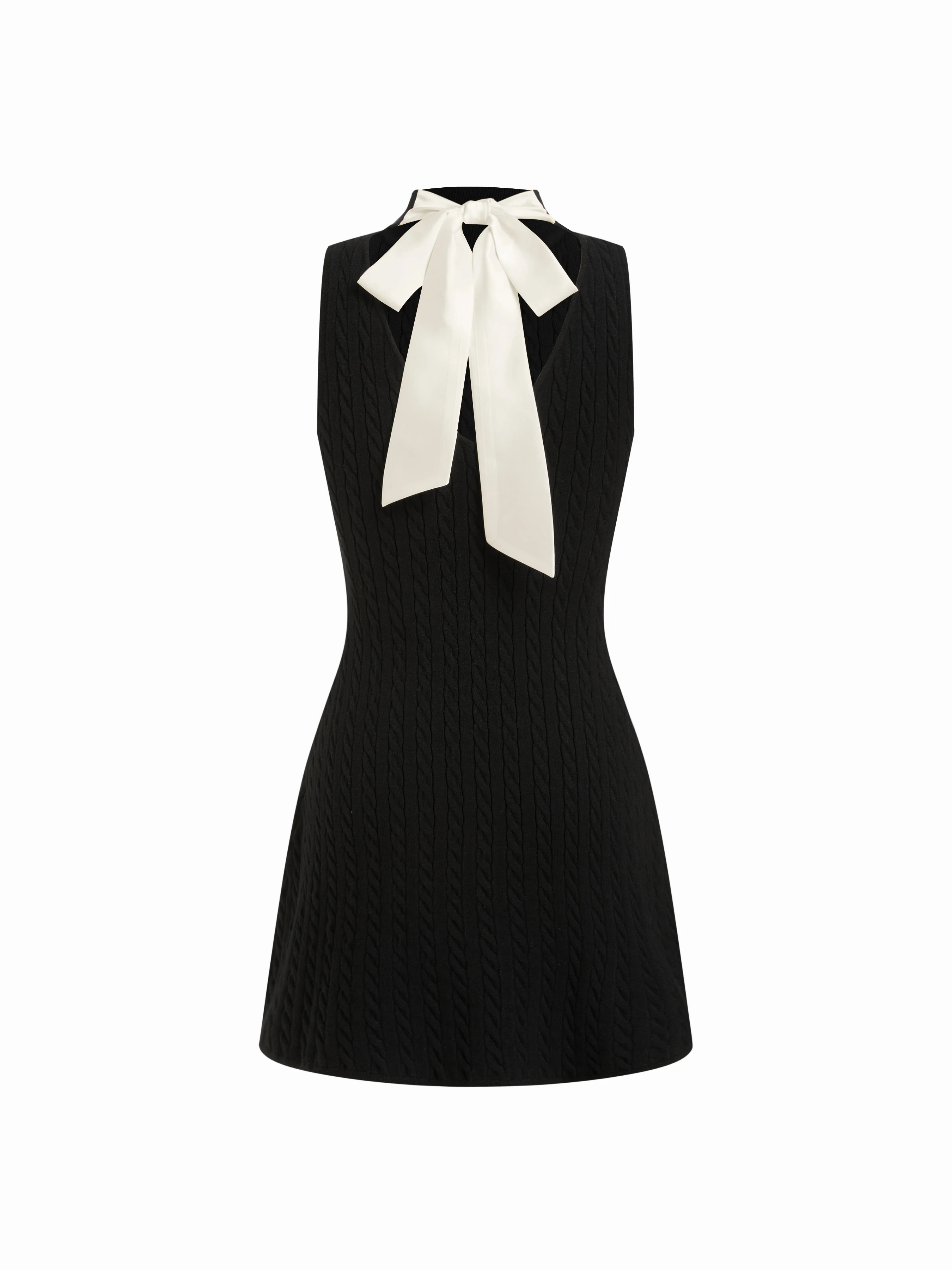 Cable Knit Stand Collar Colorblock Bowknot Bodycon Mini Dress