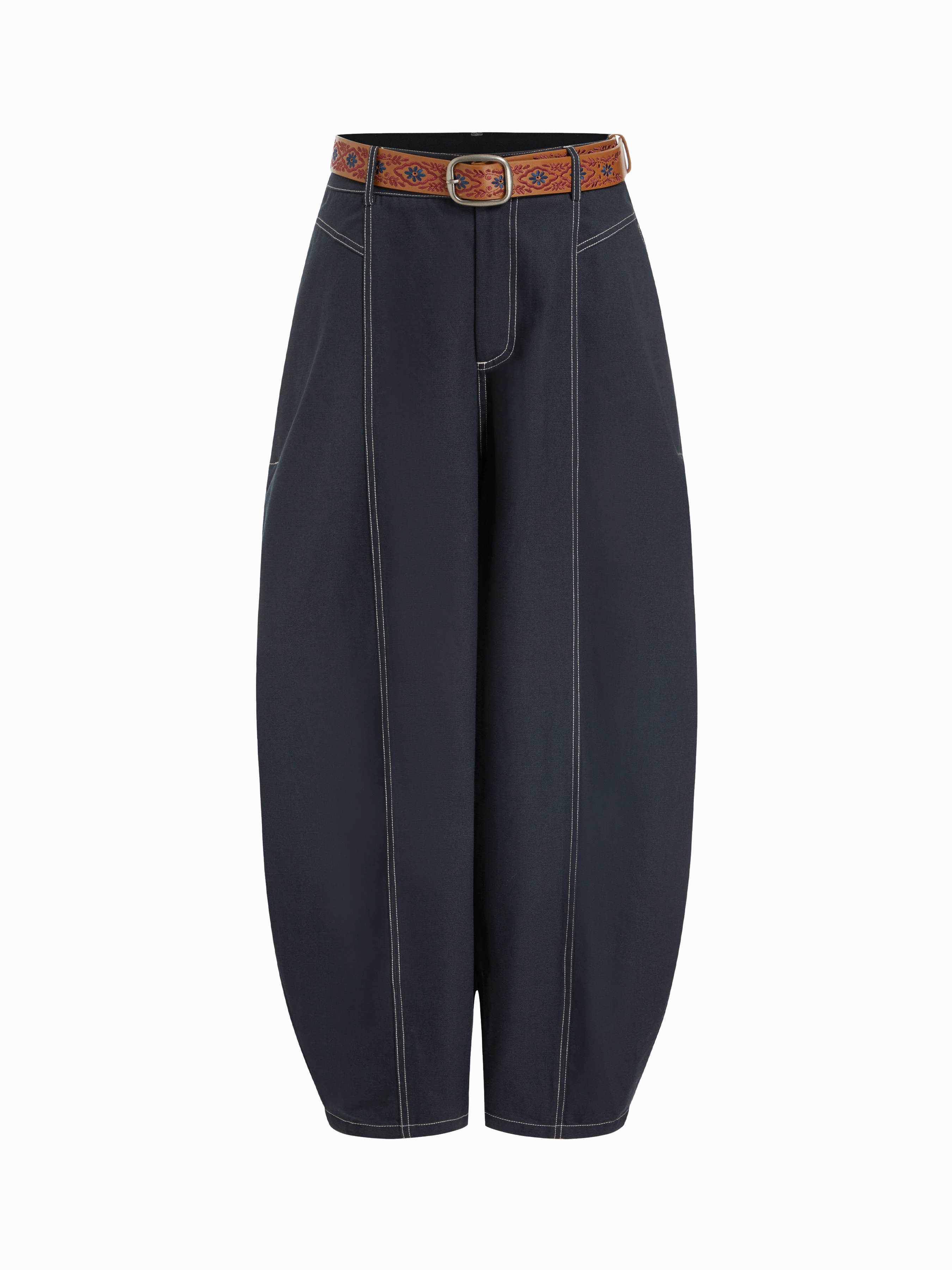 Cotton-blend Mid Rise Contrast Stitch Barrel-leg Cropped Trousers With Belt