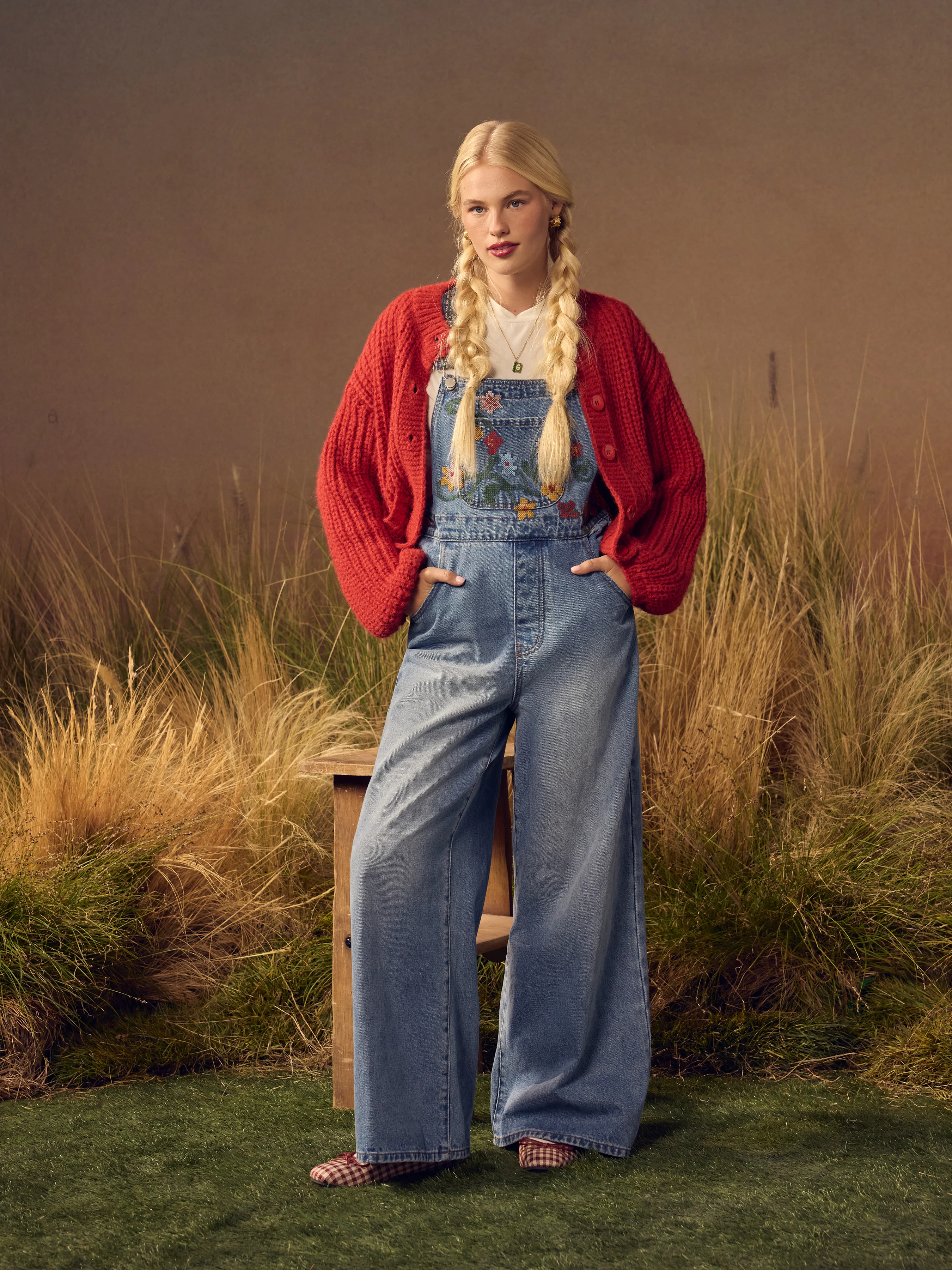 Stretch Denim Low Rise Floral Embroidery Oversized Wide Leg Overalls