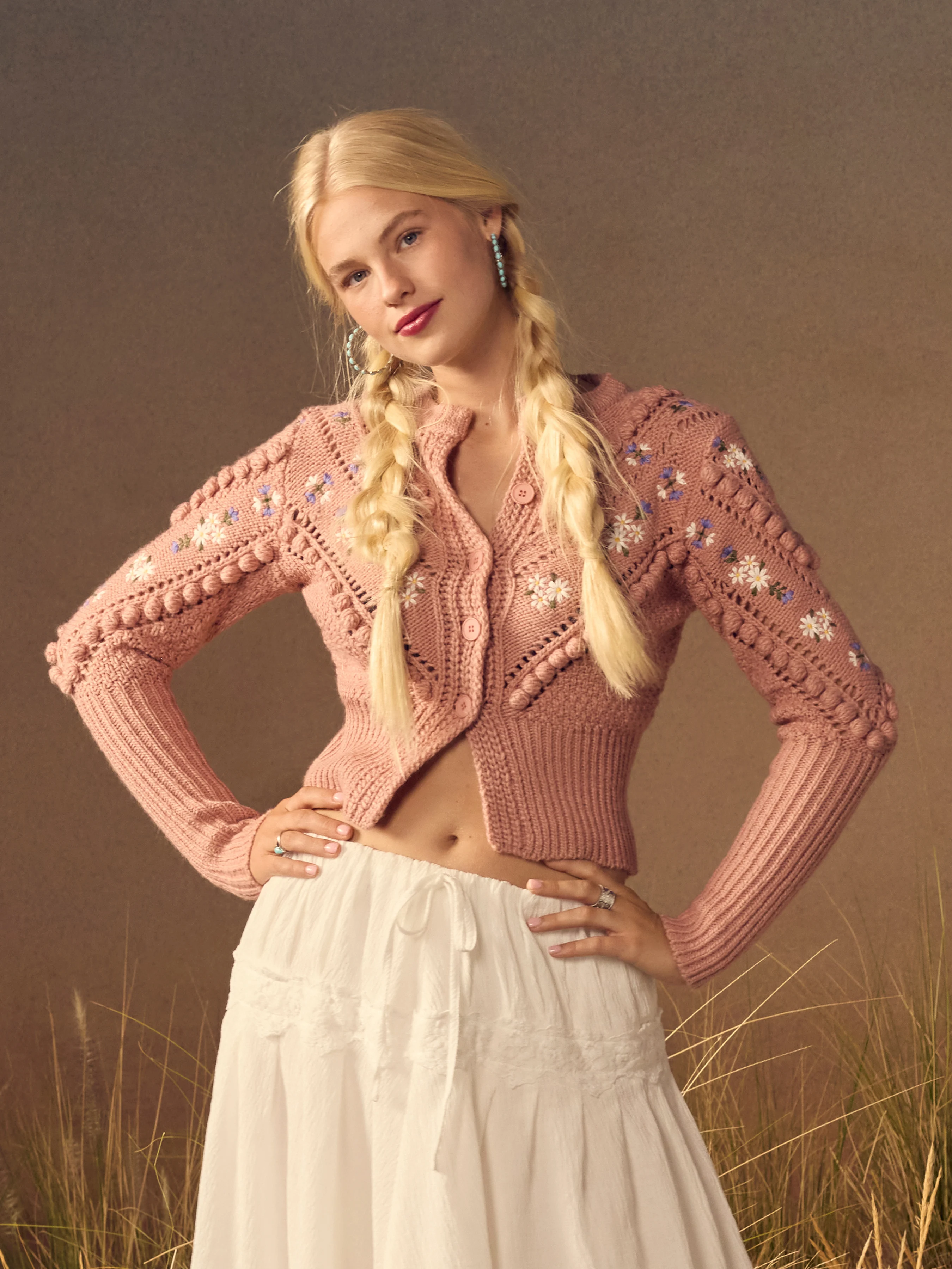 Knit Floral Graphic Embroidery Bobble Crochet Cardigan