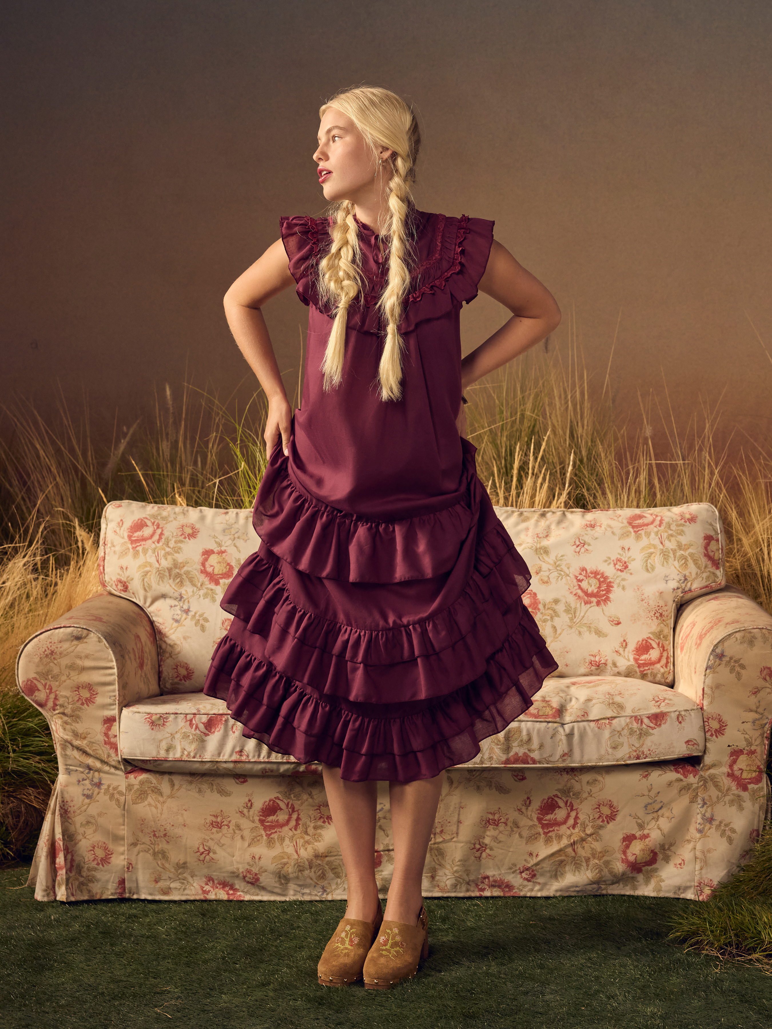 Cotton-blend Ruffle Sleeve Lace Trim Tie Front Tiered Maxi Dress