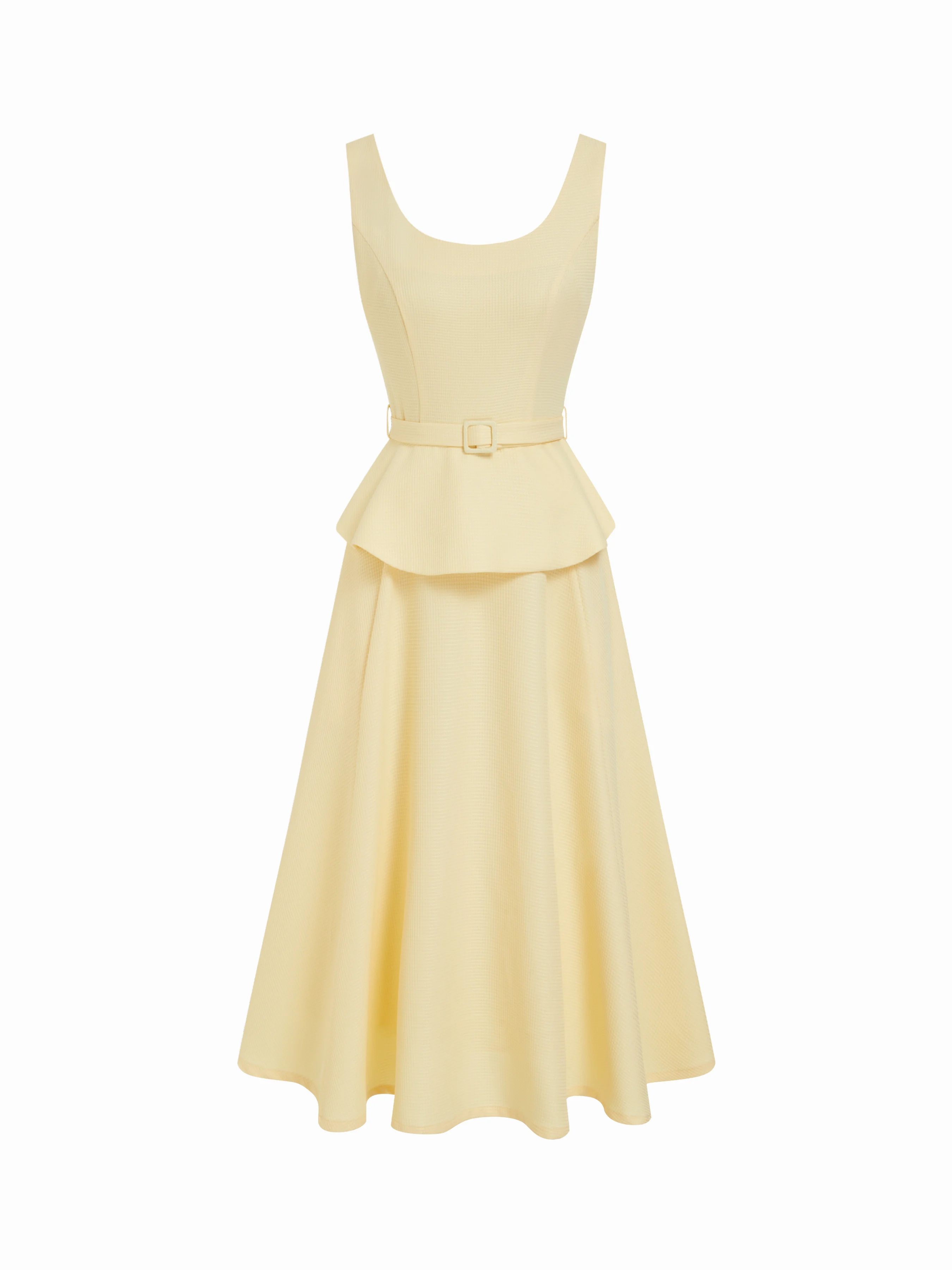Textured Scoop Neck Peplum Hem A-line Midi Dress With Belt