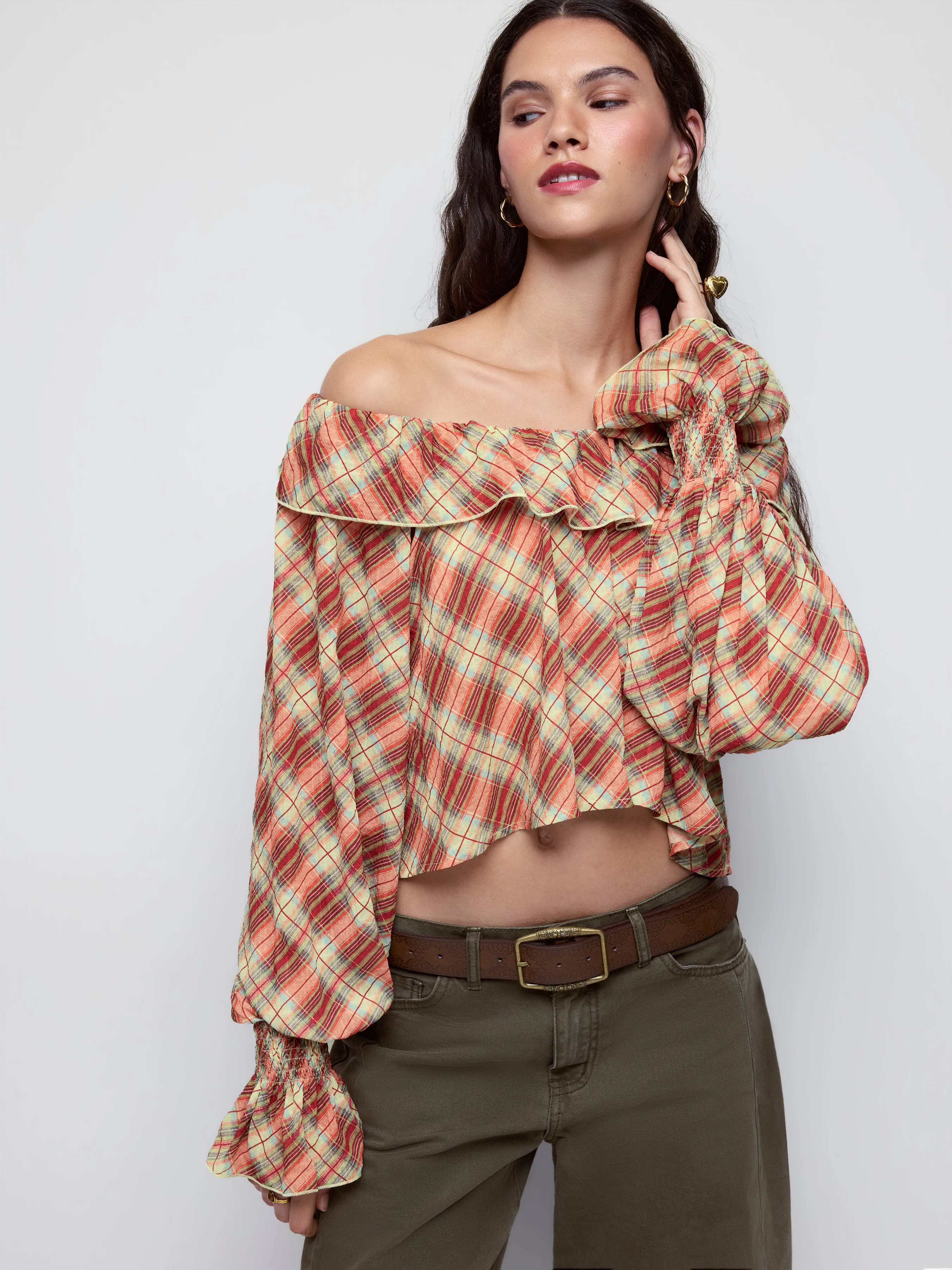 Plaid Off-shoulder Ruffled Lantern Sleeve Oversized Crop Blouse
