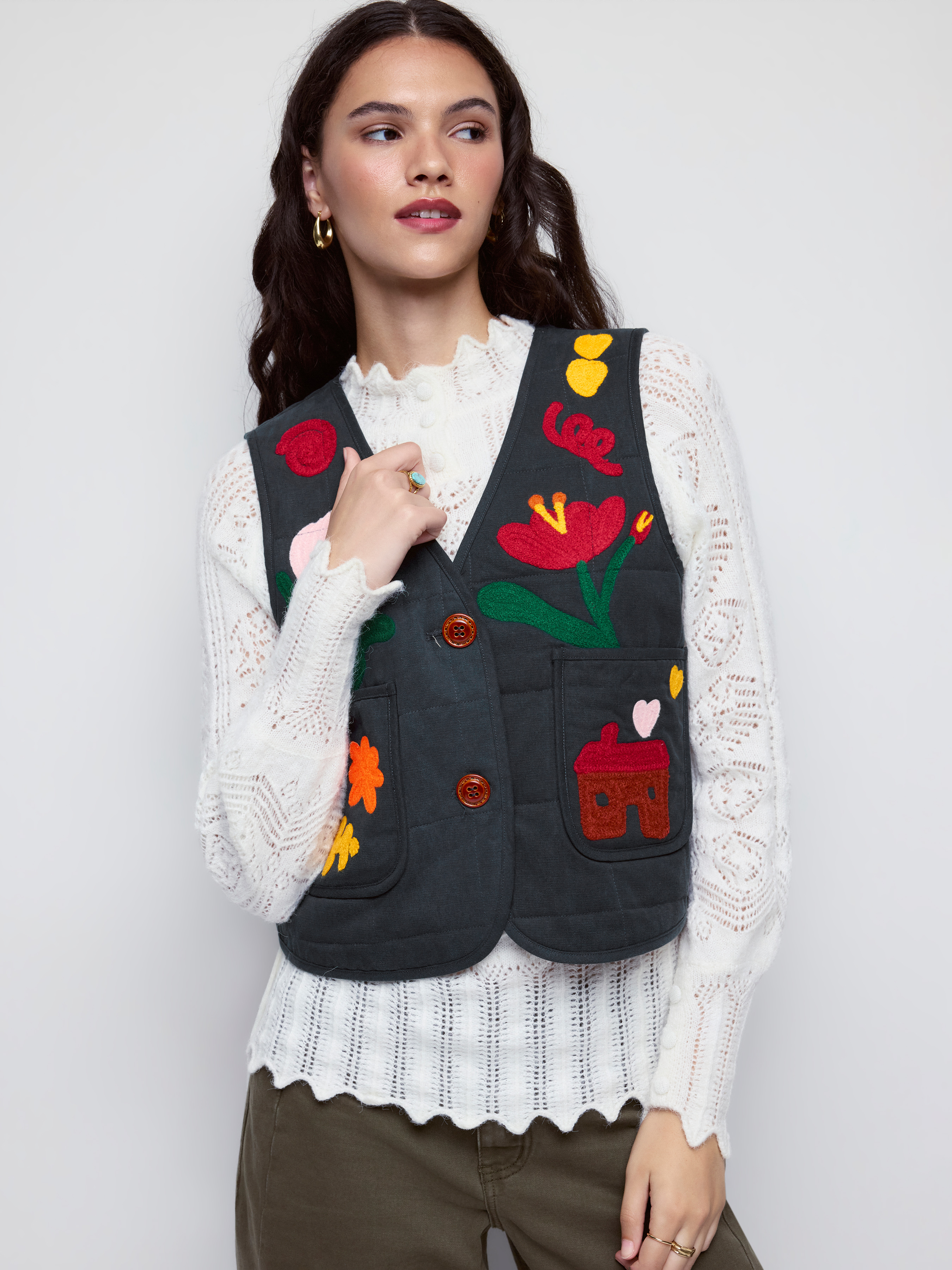Cotton-blend Floral Applique V-neck Jacket Vest In Checks