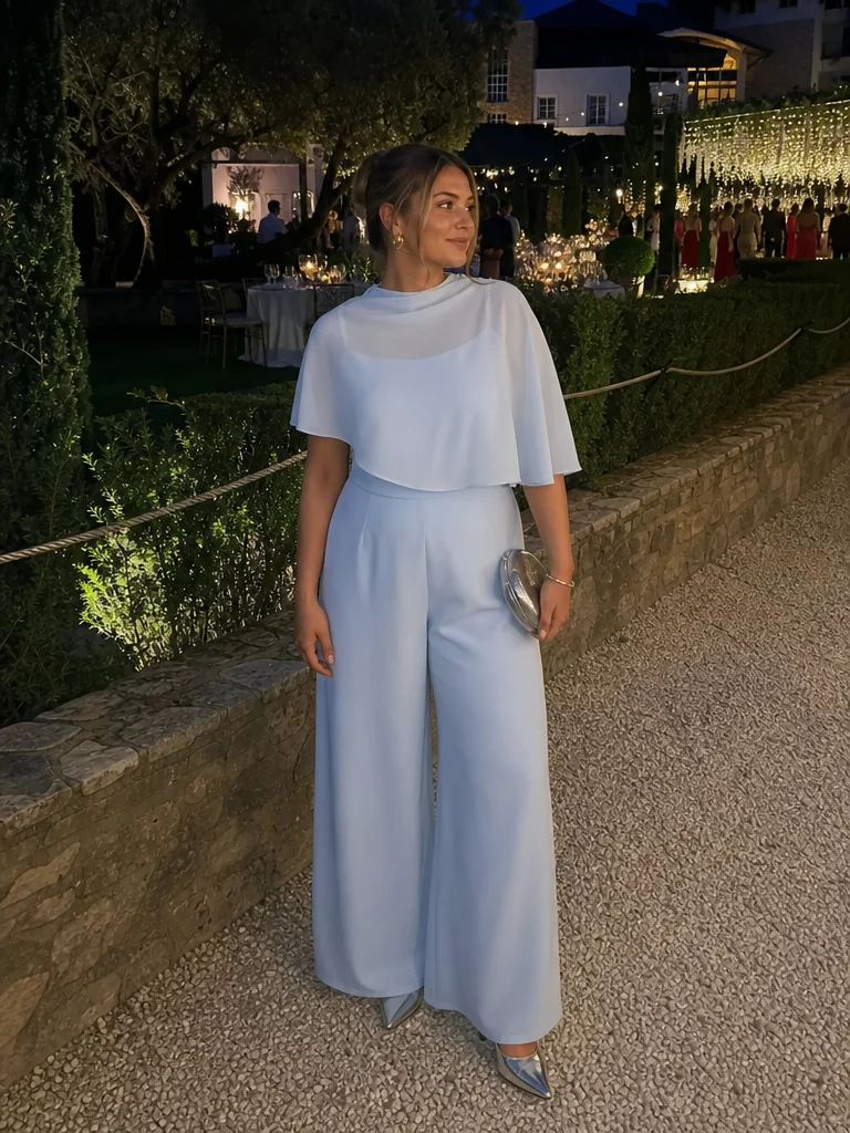 Stand Collar Asymmetrical Cloak Sleeve Mid Rise Wide Leg Jumpsuit Curve & Plus