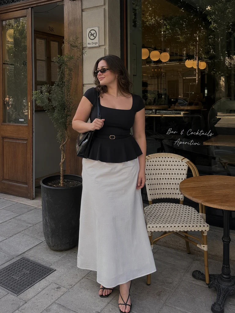 Scoop Neck Ruffled Peplum Belted Metal Detail Top Curve & Plus