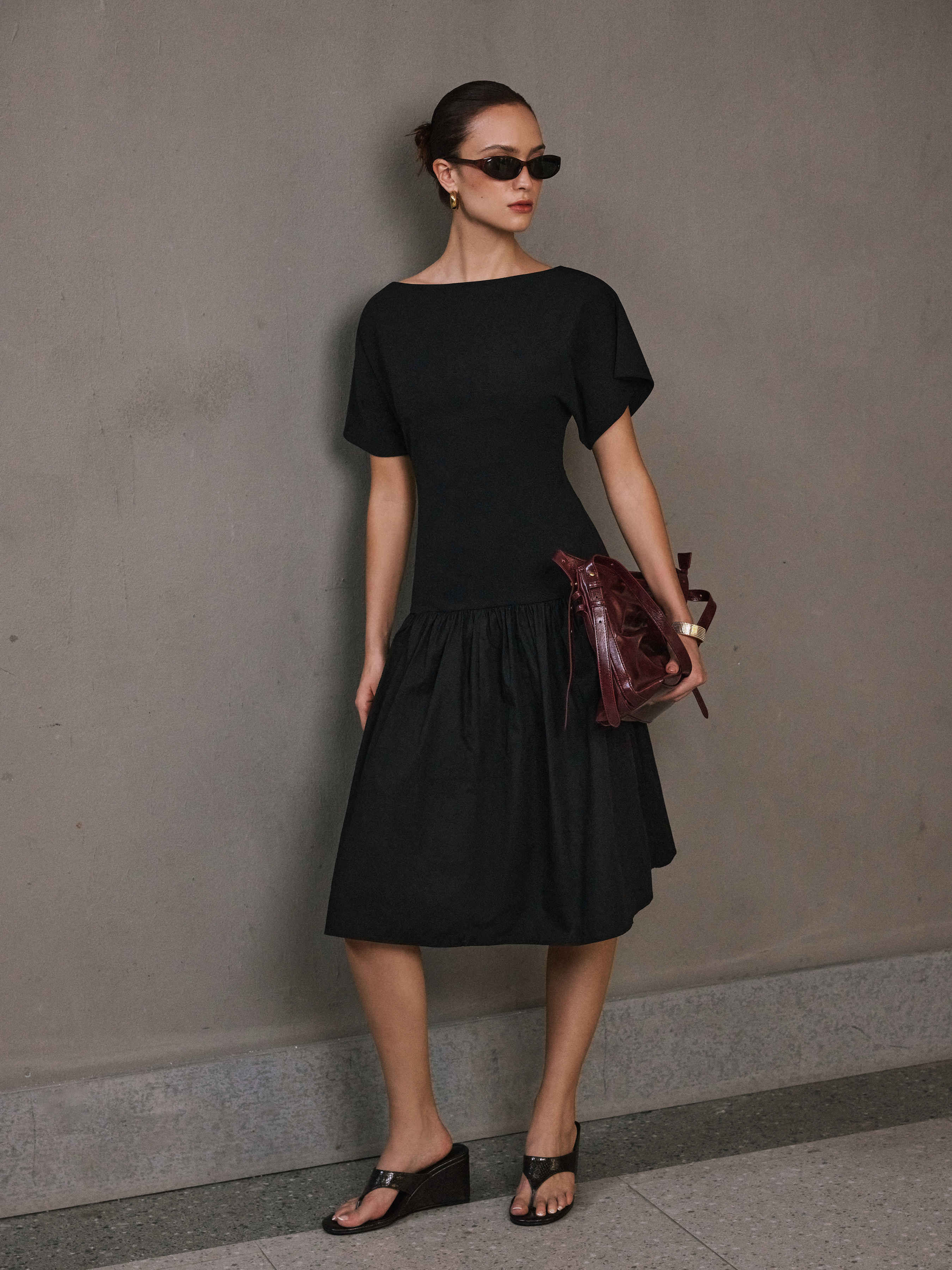 Cotton Boat Neck Short Sleeve A-line Midi Dress