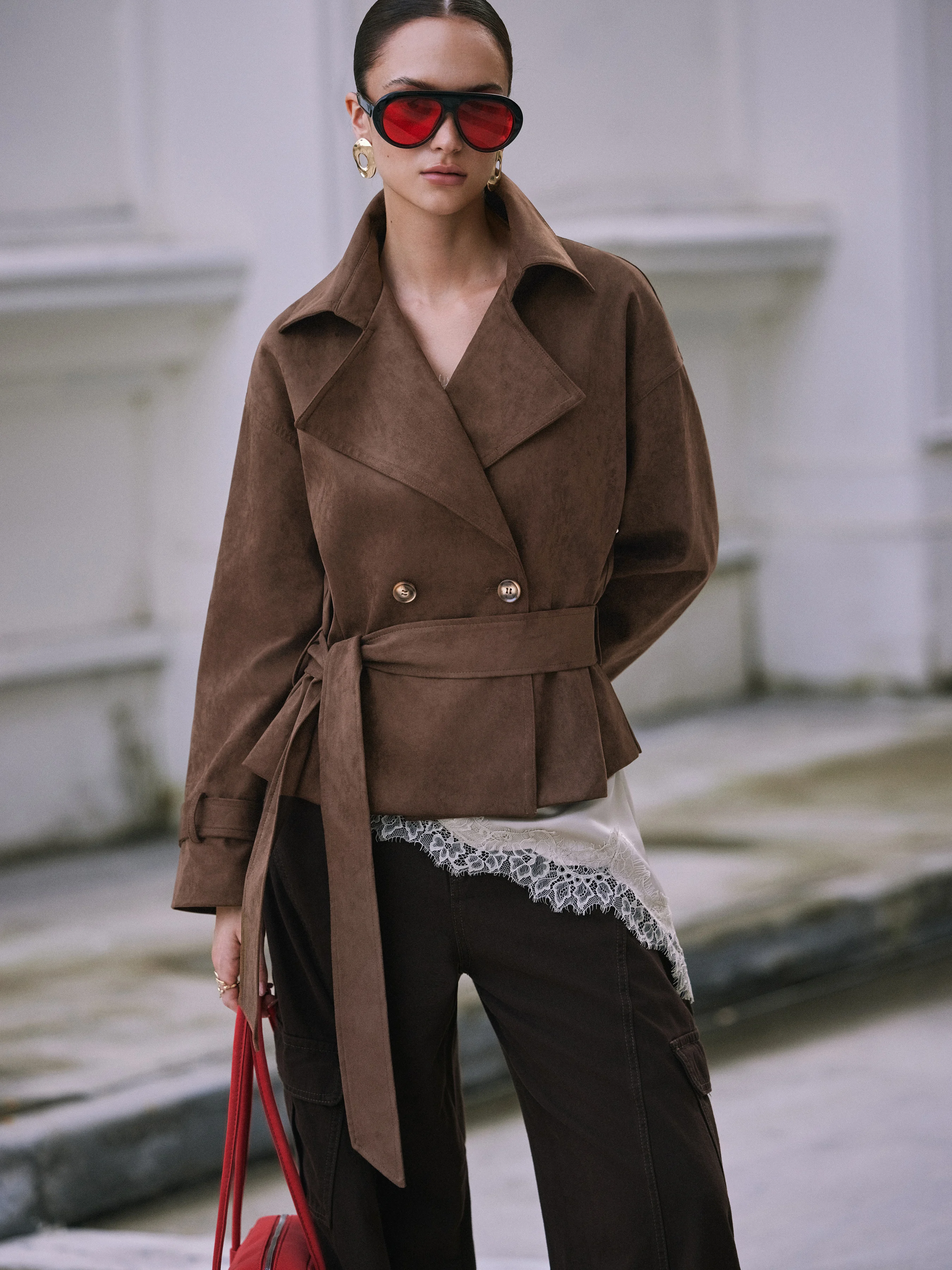 Suede Collar Double Breasted Trench Coat With Belt
