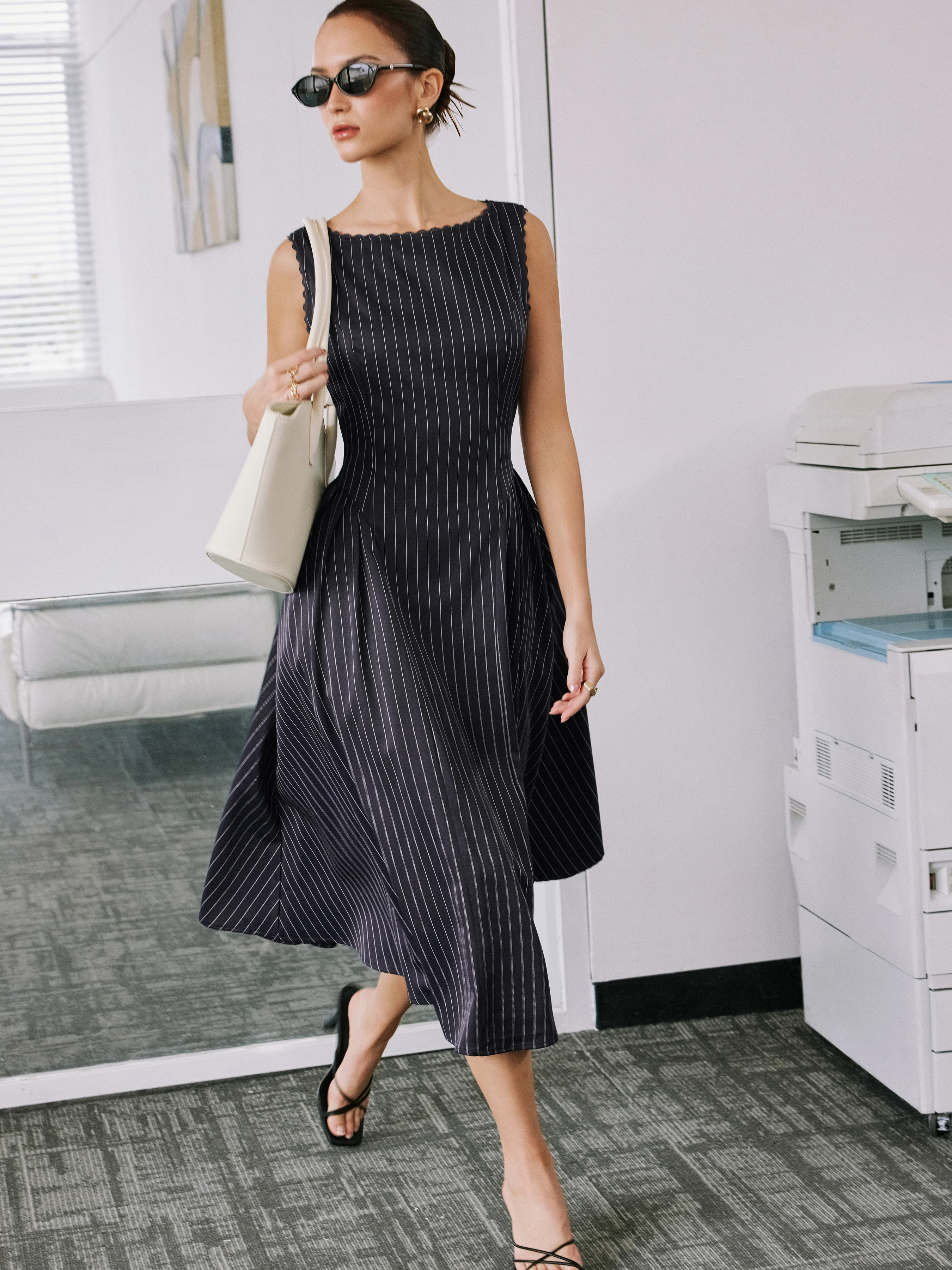 Striped Boat Neck Lace Trim A-line Midi Dress