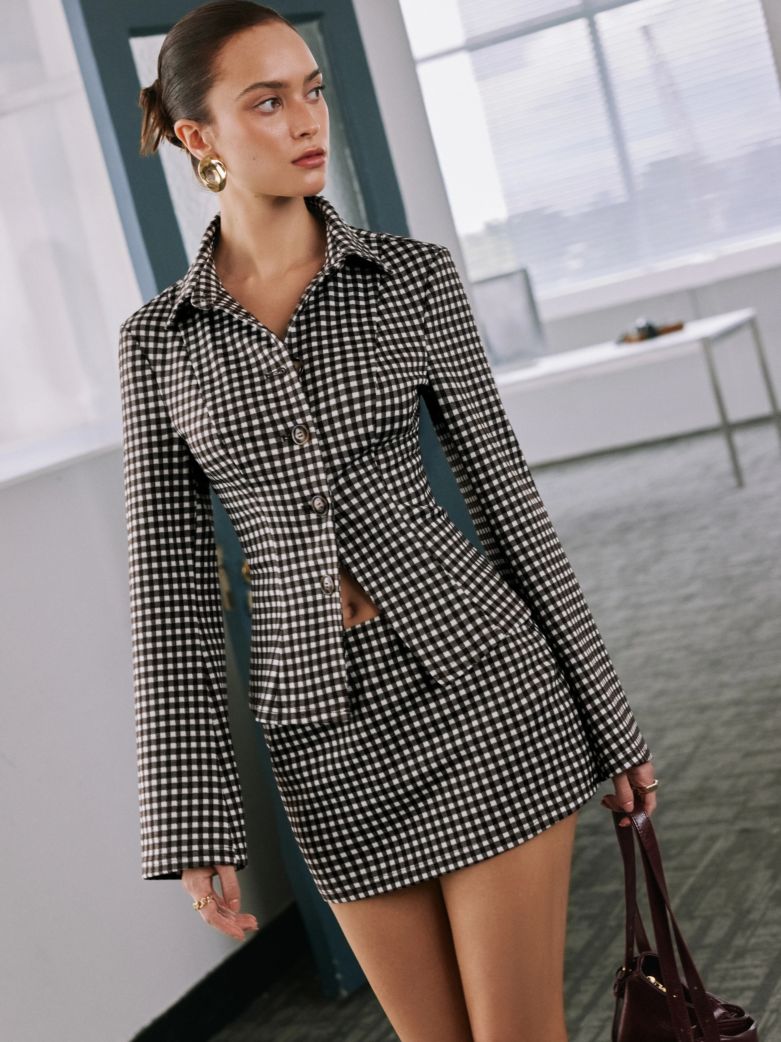 Gingham Bell Sleeve Top & Mid Rise Bodycon Mini Skirt Set