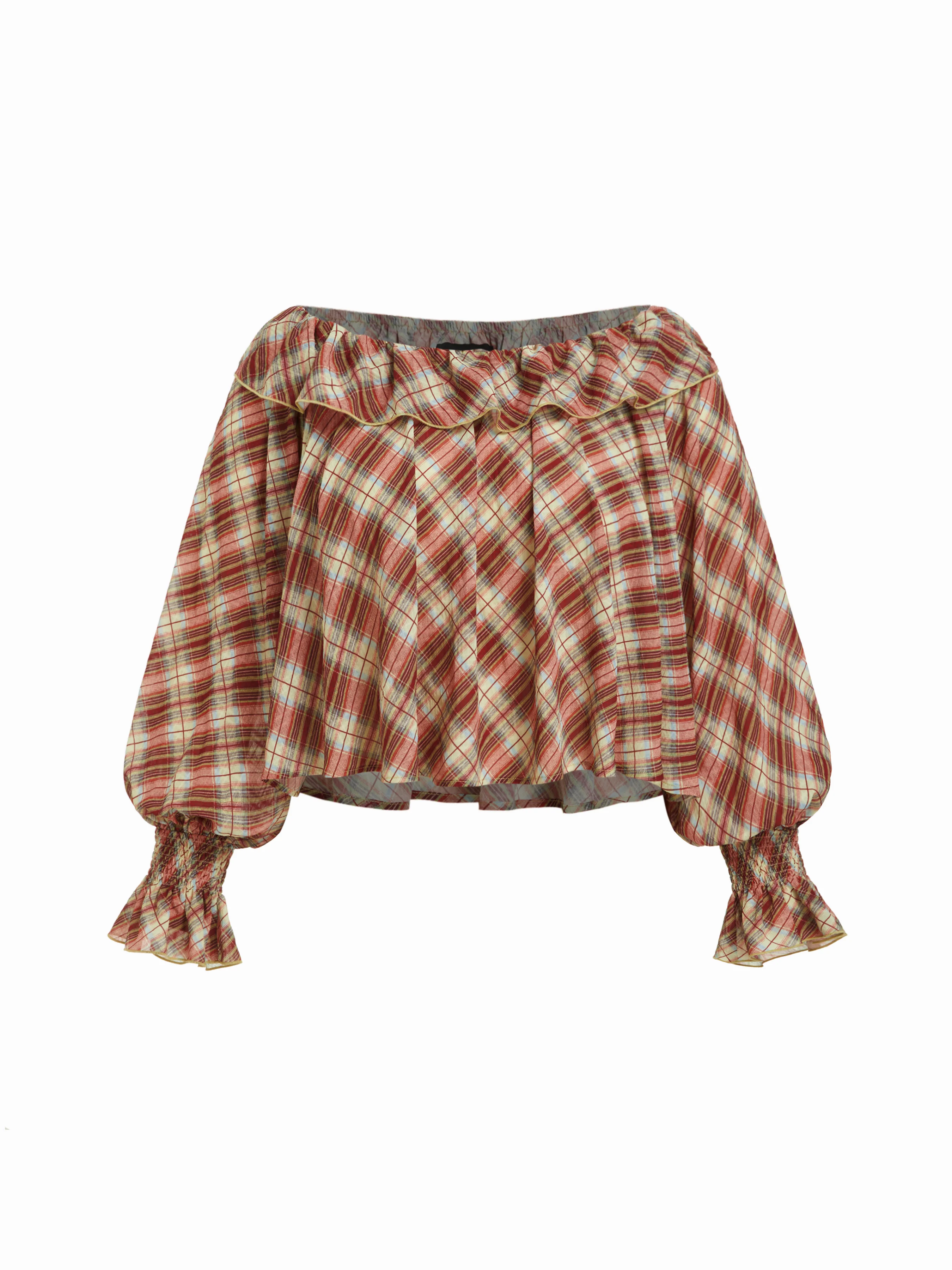 Plaid Off-shoulder Long Sleeve Ruffled Oversized Blouse Curve & Plus