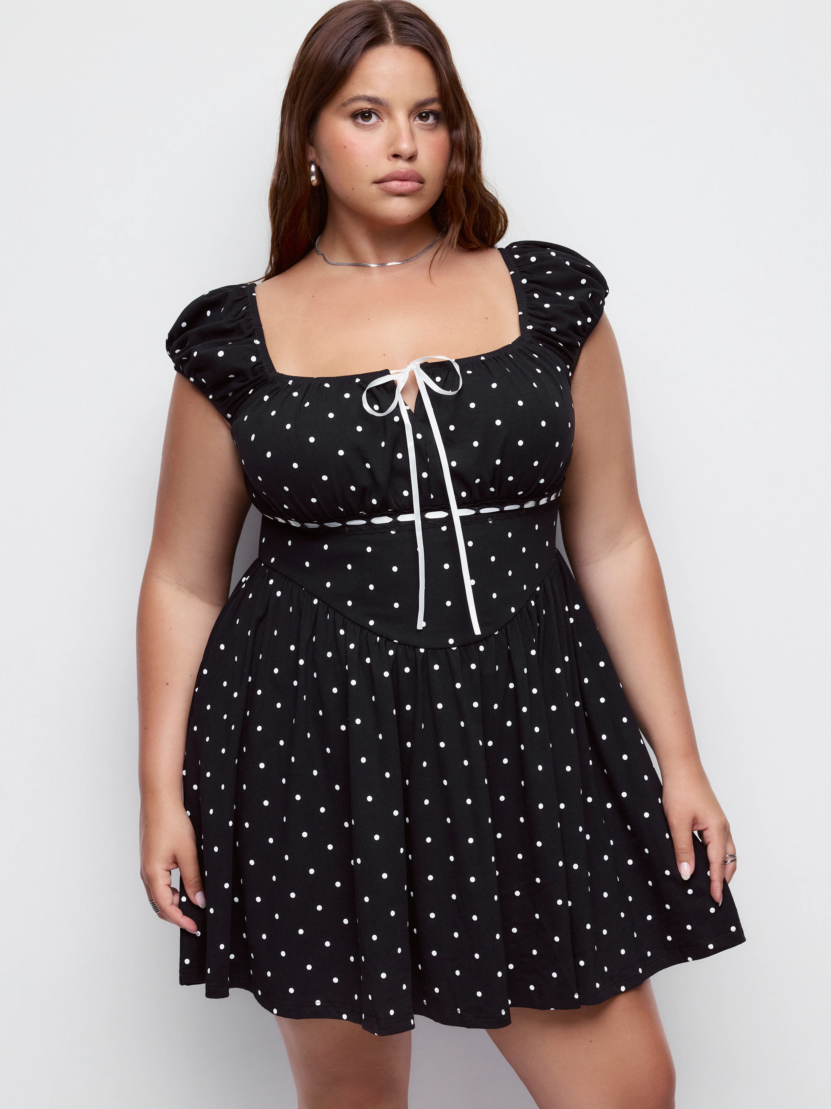 Cotton-blend Polka Dot Square Neck Bowknot A-line Mini Dress Curve & Plus