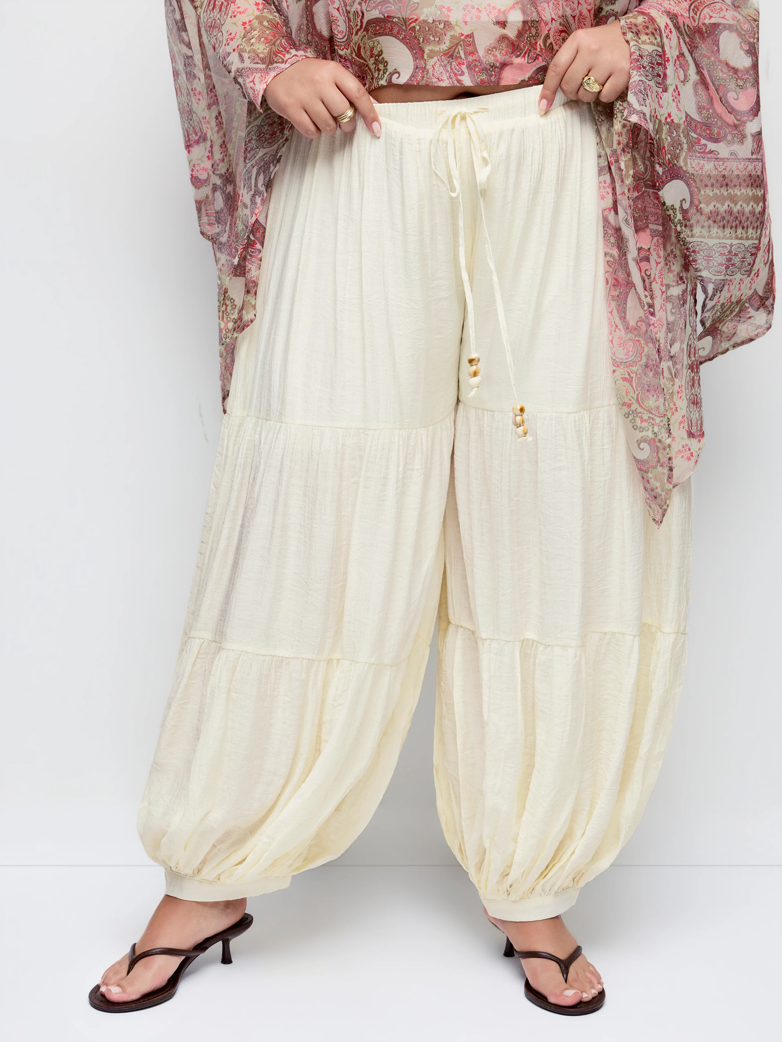 Chiffon Low Rise Drawstring Beaded Oversized Bloomer Trousers Curve & Plus