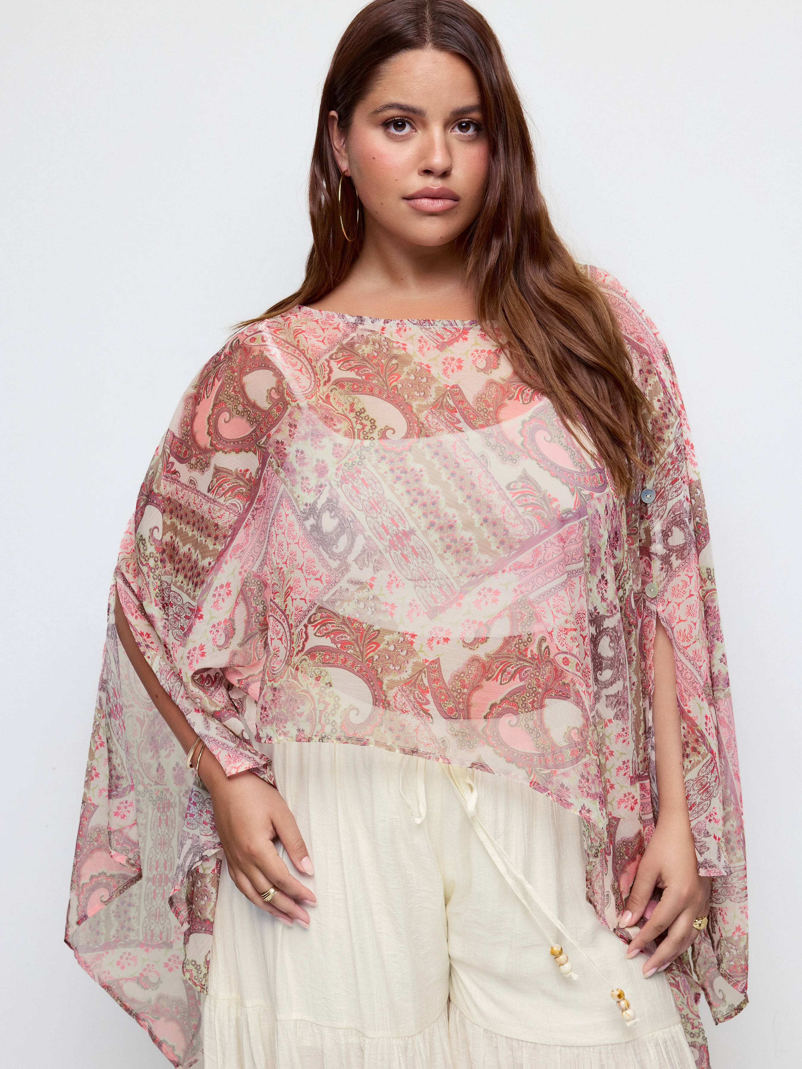 Chiffon Paisley Graphic Boat Neck Oversized Cape Top Curve & Plus