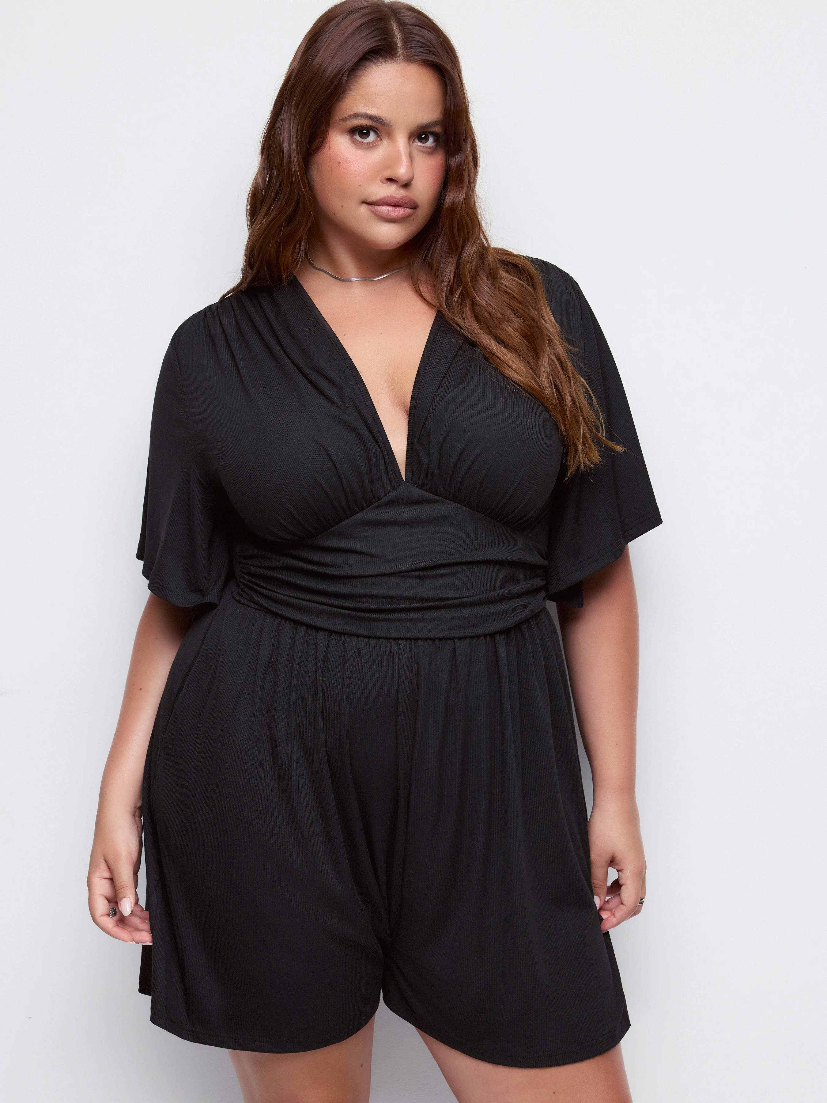 Textured V-neck Batwing Sleeve Draped Mid Rise Romper Curve & Plus