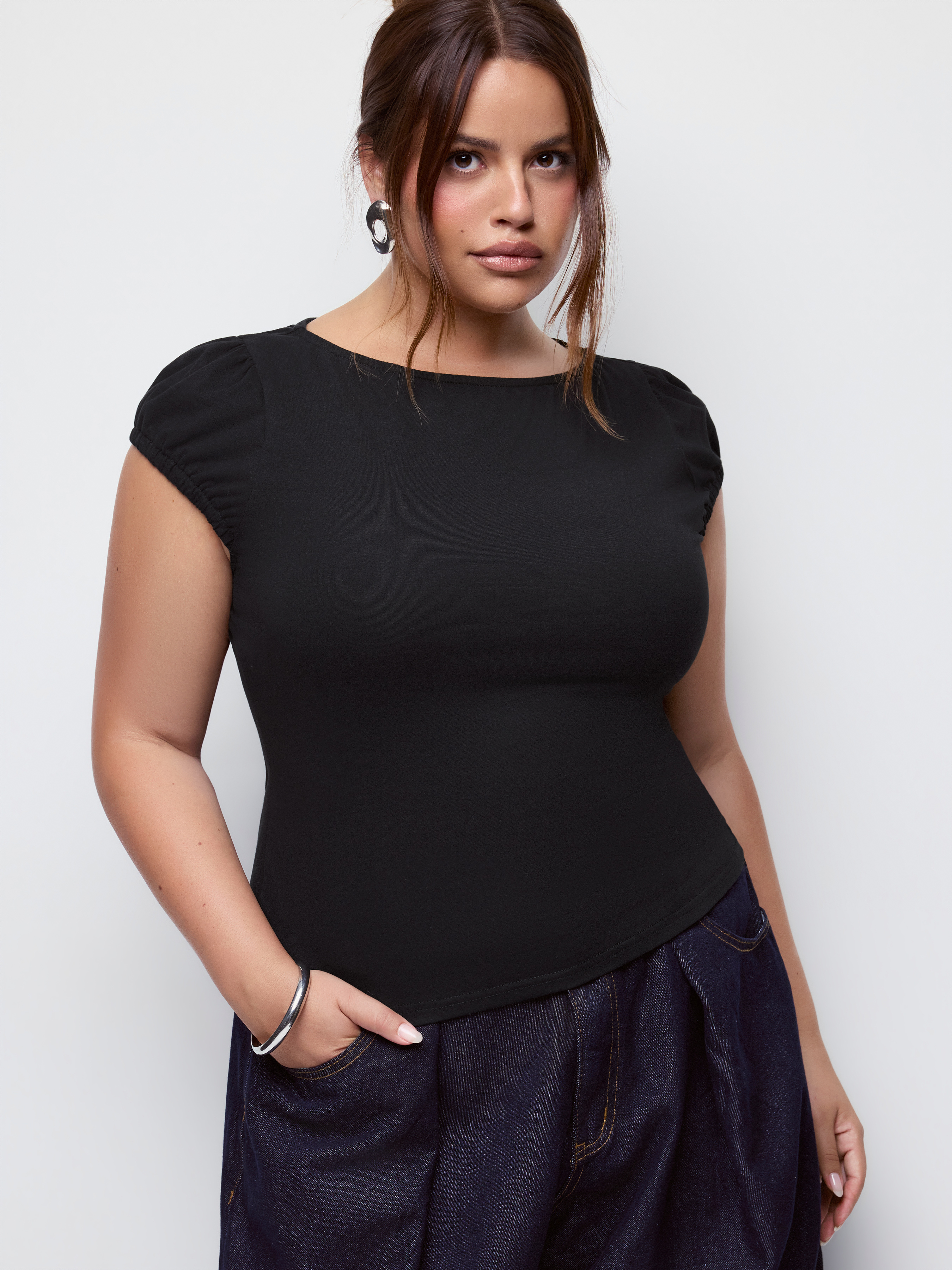 Cotton-blend Boat Neck Puff Sleeve Crop Tee Curve & Plus