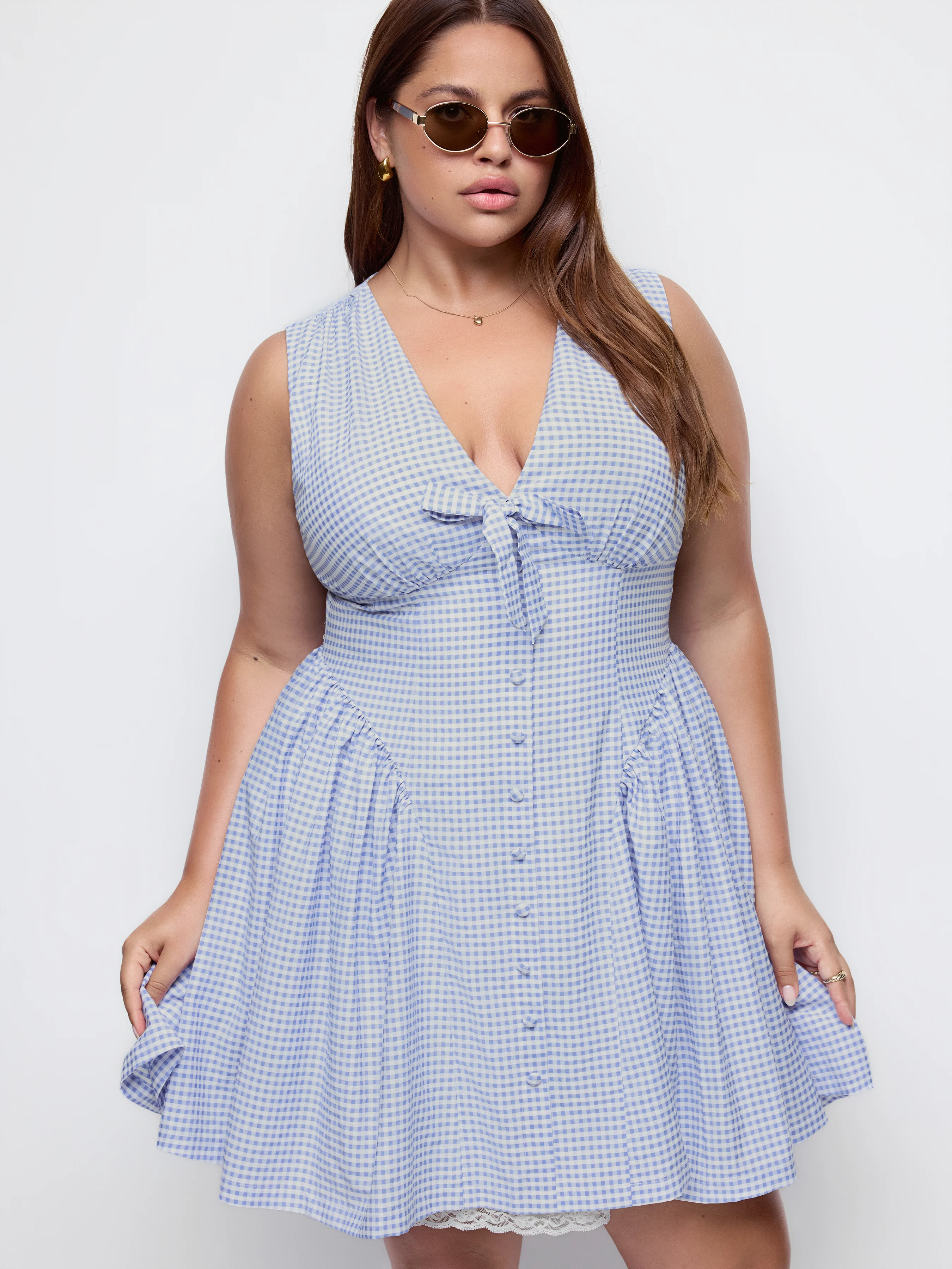 Gingham V-neck Lace Panel Bowknot Babydoll Mini Dress Curve & Plus