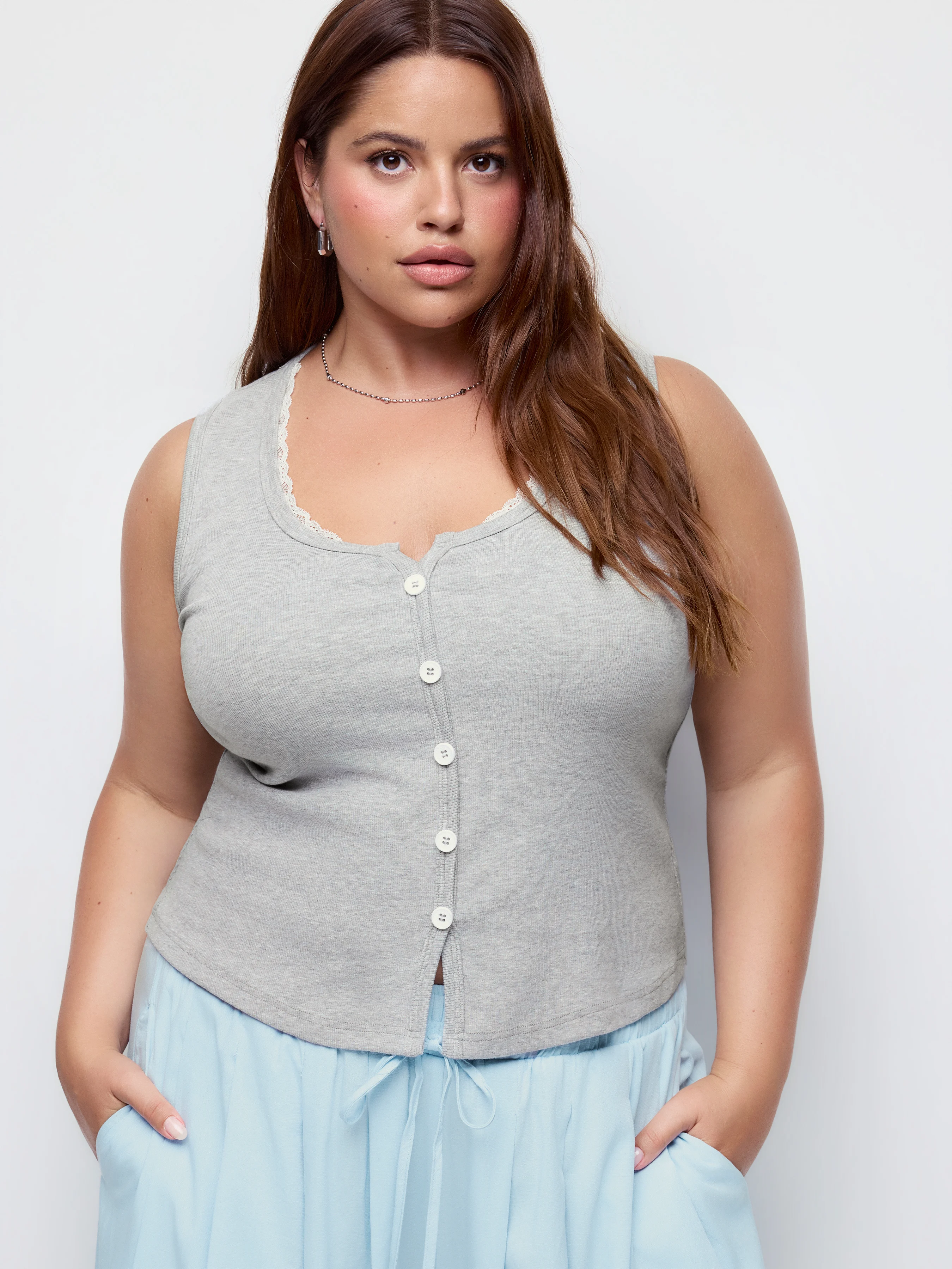 Cotton-blend Scoop Neck Lace Trim Tank Top Curve & Plus
