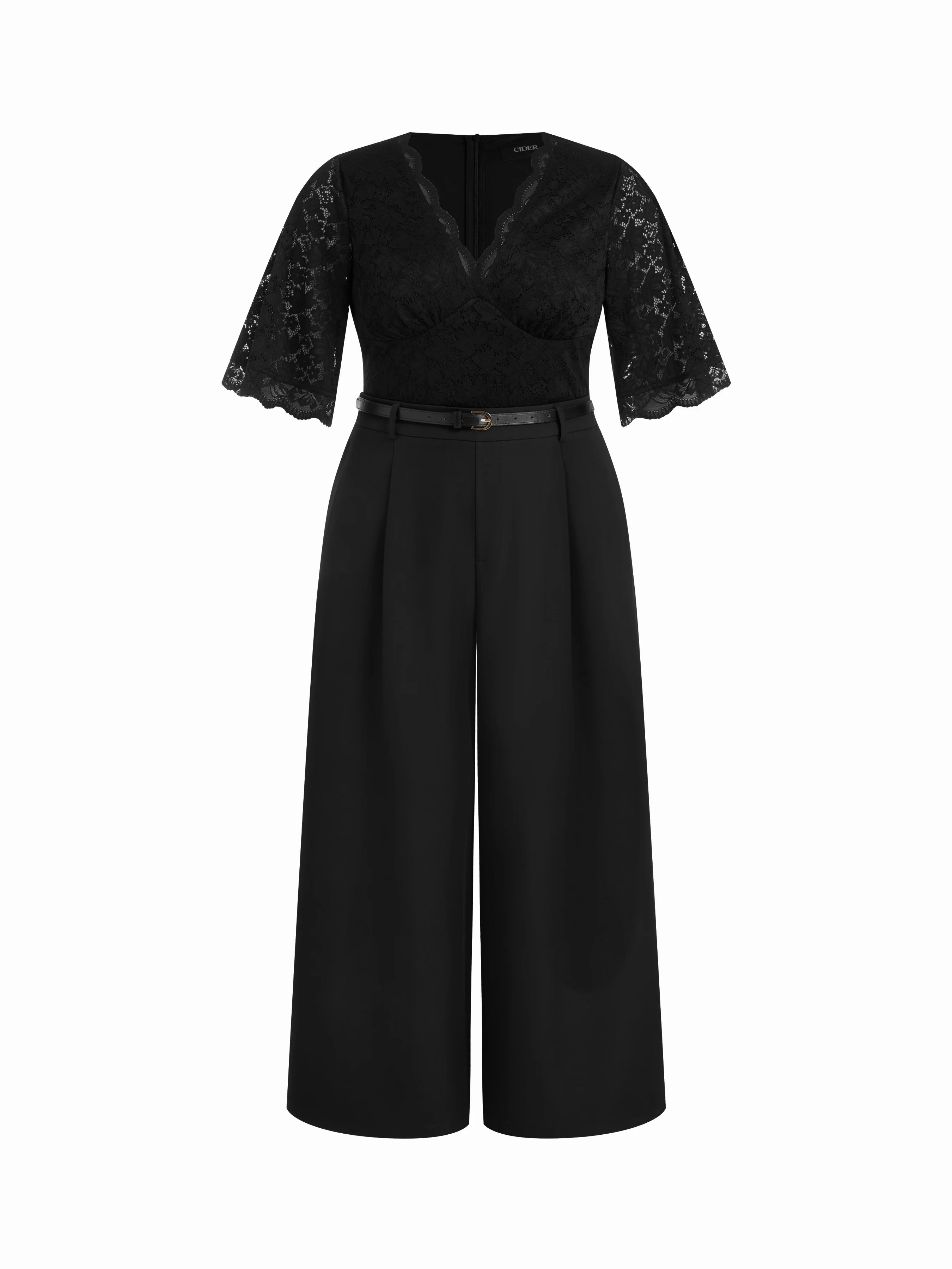Lace V-neck Bell Sleeve Wide Leg Jumpsuit With Belt Curve & Plus